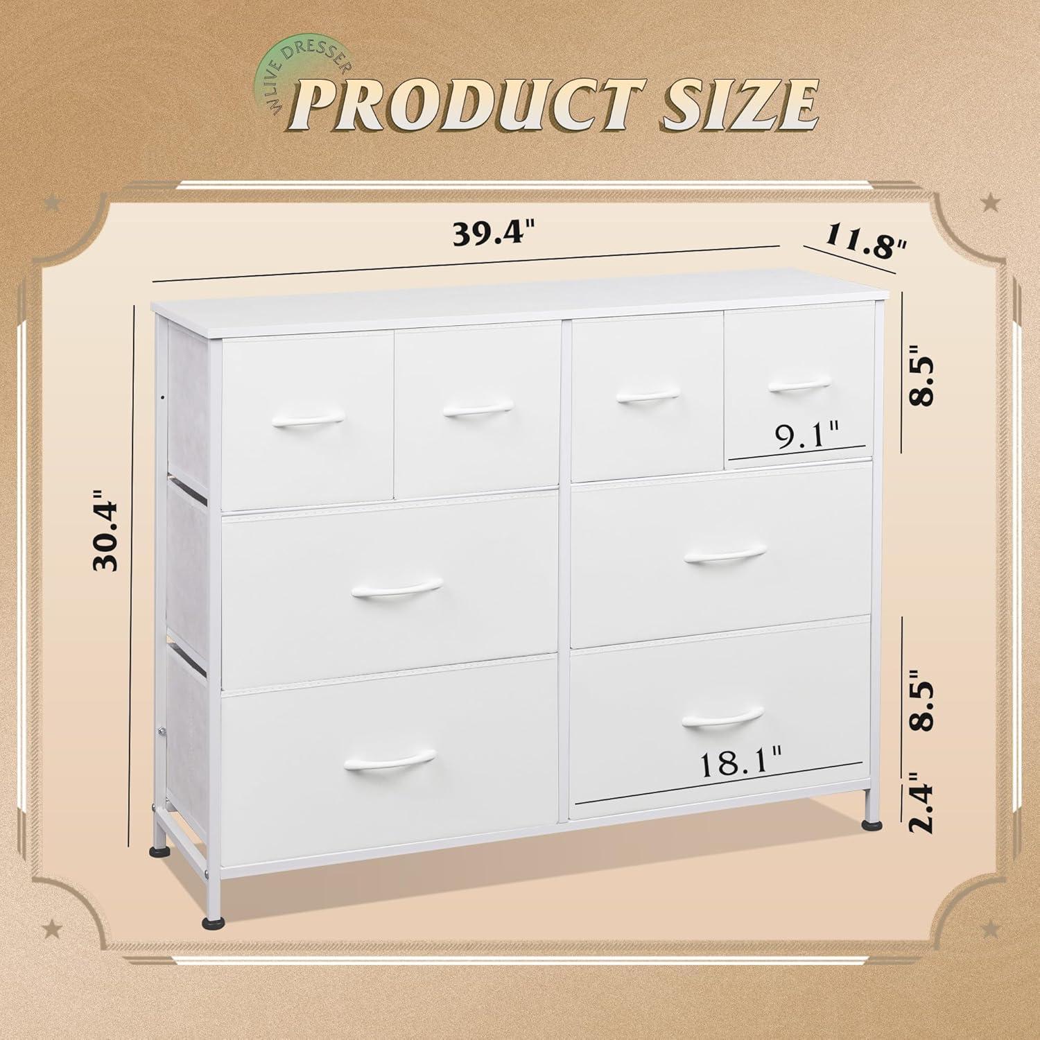White Steel and Fabric 8-Drawer Bedroom Dresser