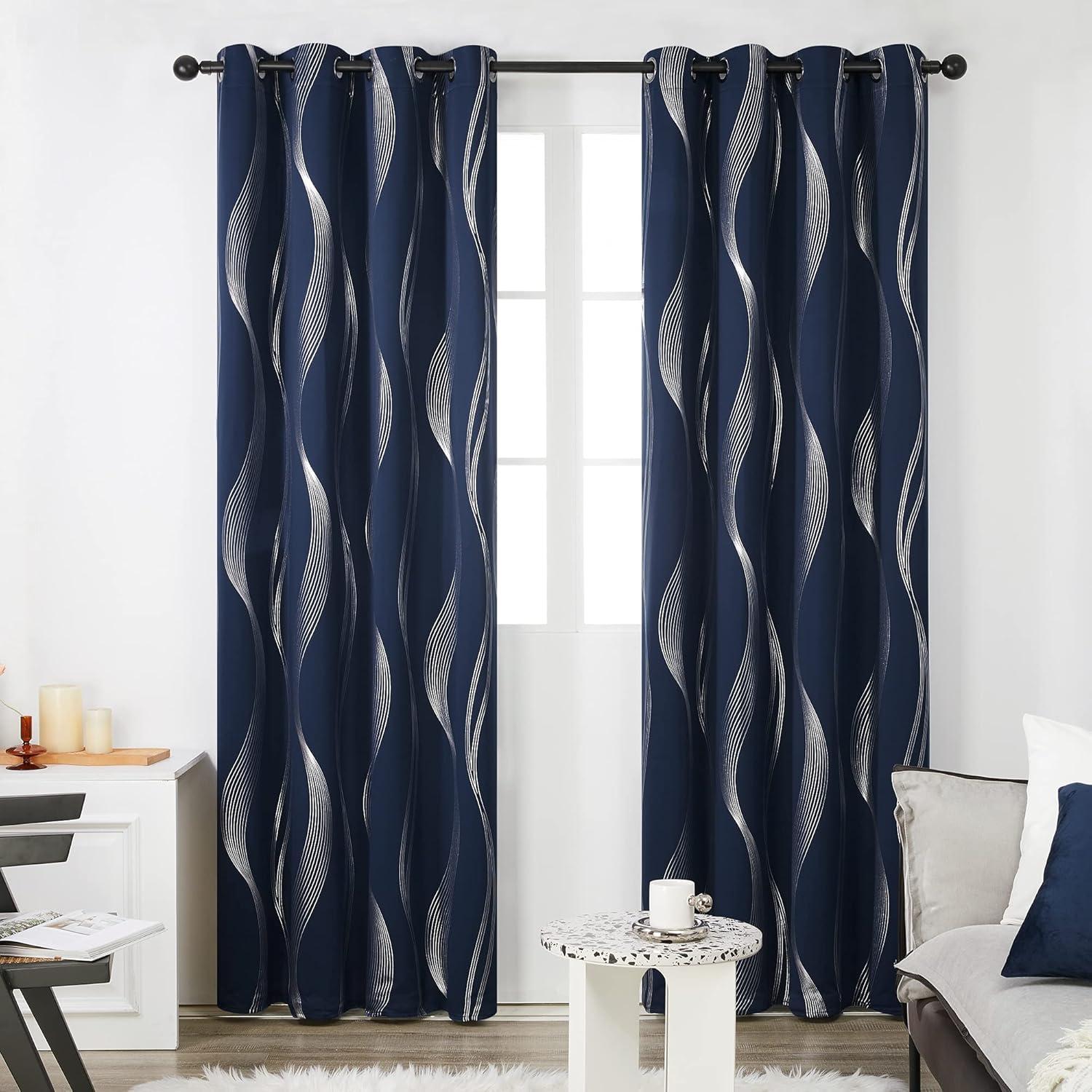 Navy Blue Silver Wave Pattern Blackout Grommet Curtains 52" x 84"