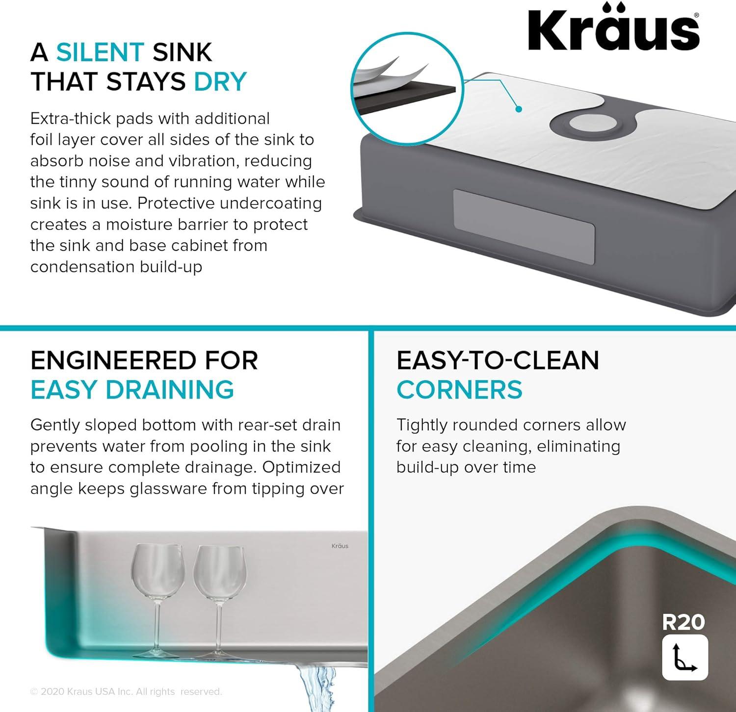 Dex™️ Series KRAUS 32" L Undermount 16 Gauge Stainless Steel Single Bowl Kitchen Sink