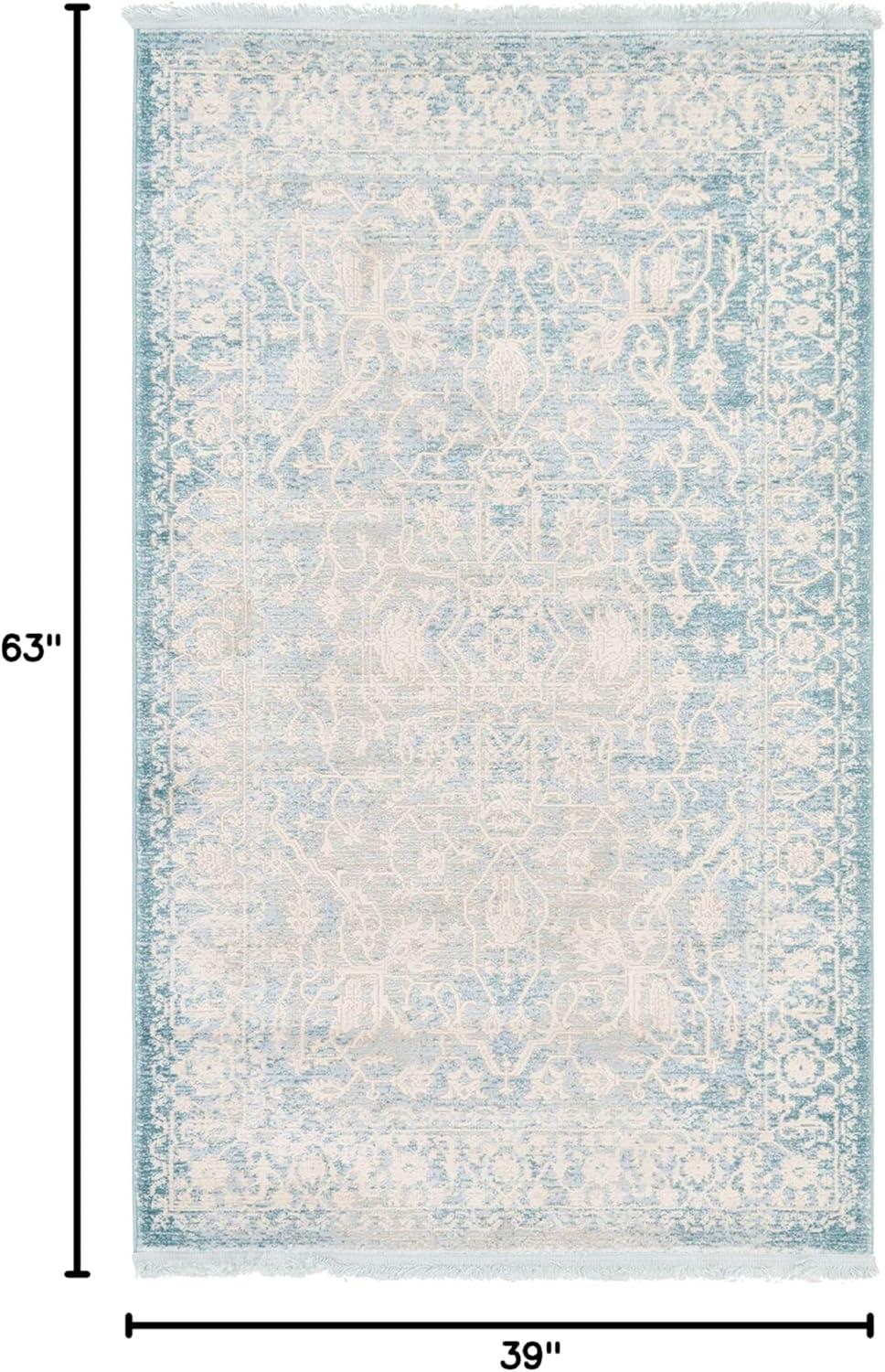 Light Blue and Ivory Abstract Stain-Resistant Rectangular Rug