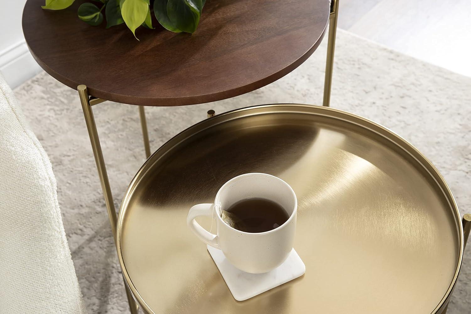 Kate and Laurel Ulani Round Wood Nesting Table, 2 Piece, Walnut Brown and Gold