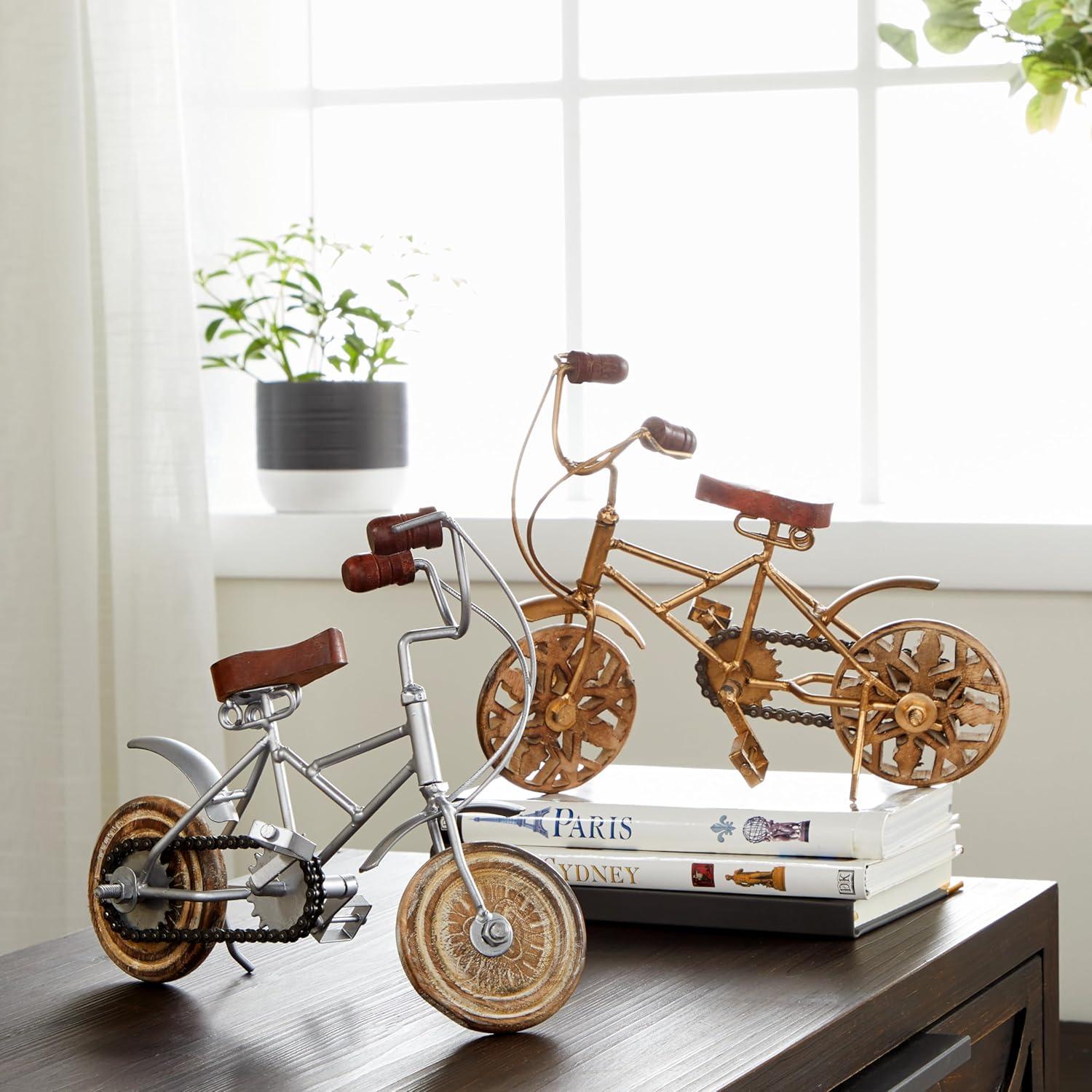 4"W, 8"H Multi Colored Metal Bike Sculpture with Wood Wheels, by DecMode (2 Count)