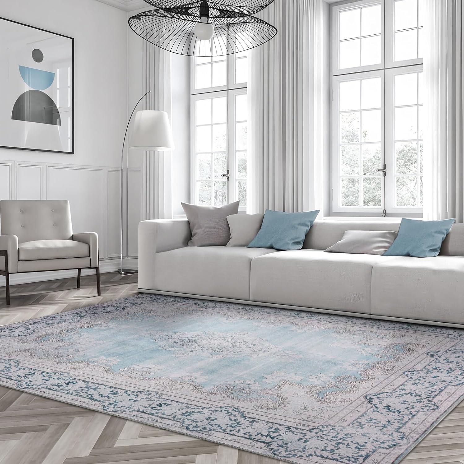 DECOMALL FEAONA Blue Oriental Machine Washable and Foldable Area Rug