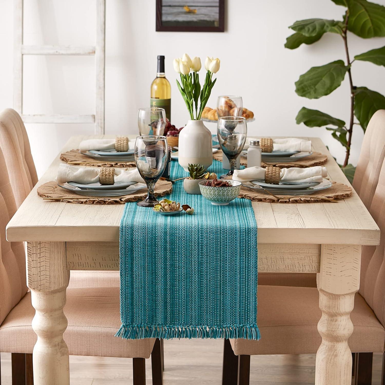 Variegated Teal Fringe Table Runner 13x108