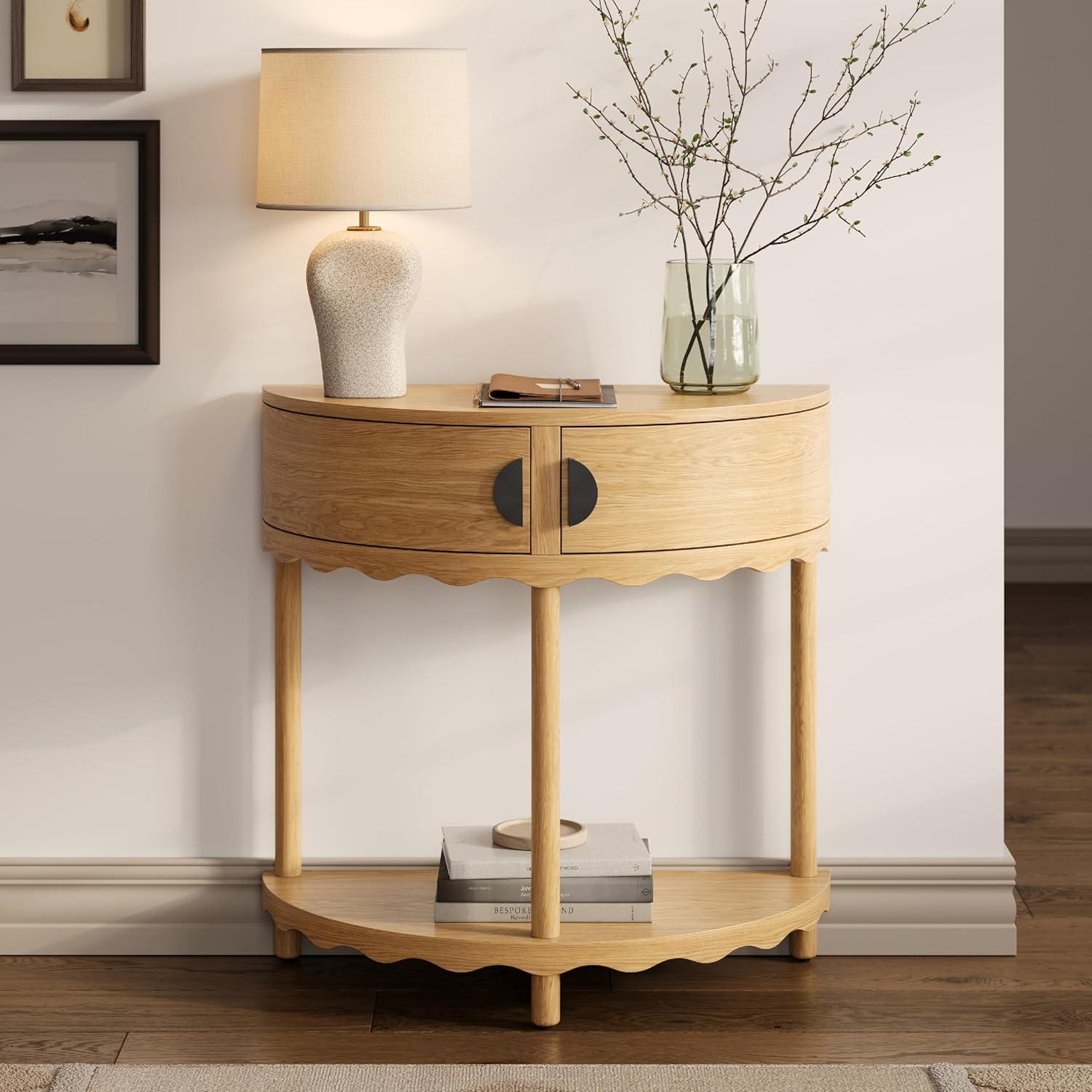 Scalloped Skirt Half Moon Console Table - Solid Wood Entryway Table with Two Doors (Natural Oak)