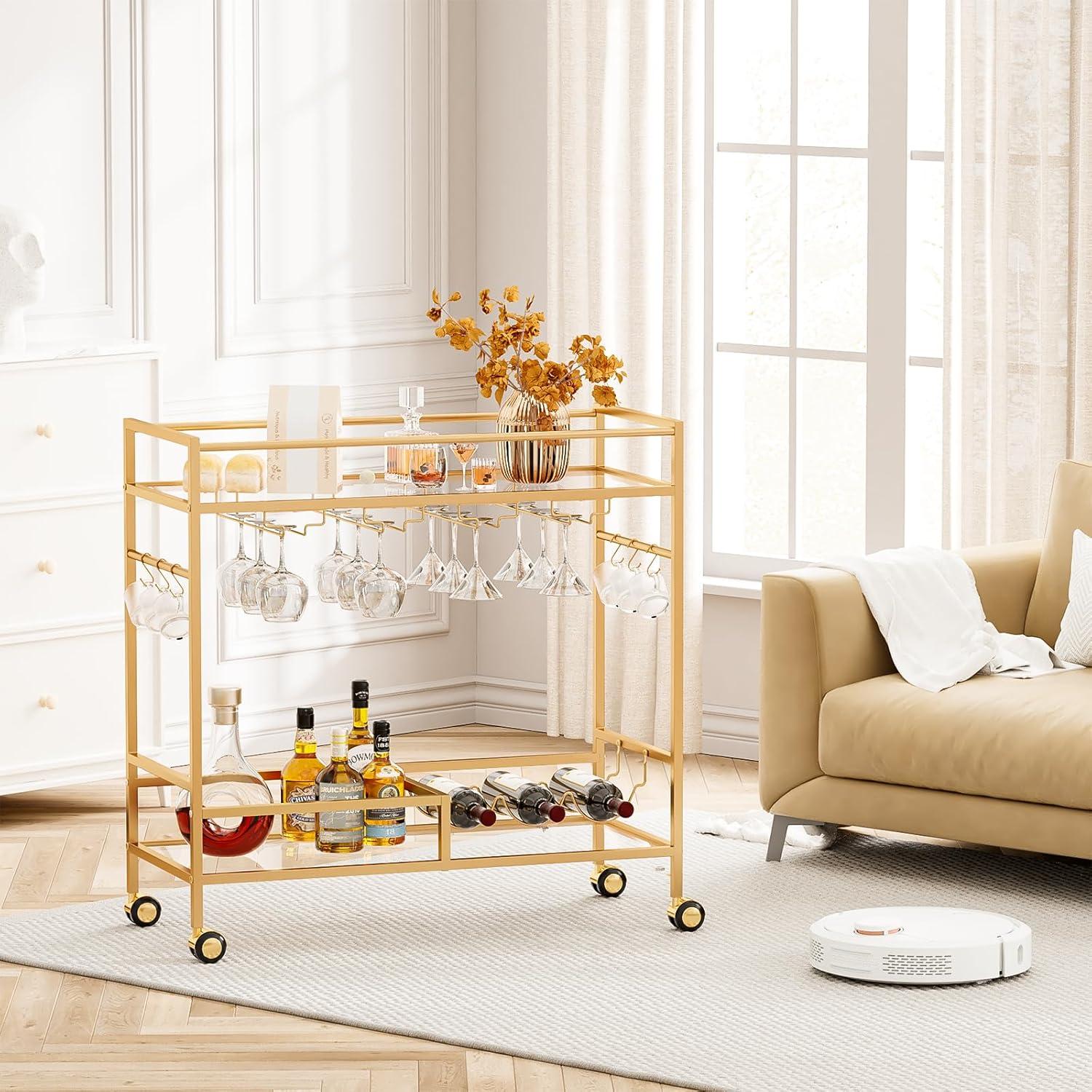 Gold Mirrored Glass Bar Cart with Wine Rack and Storage