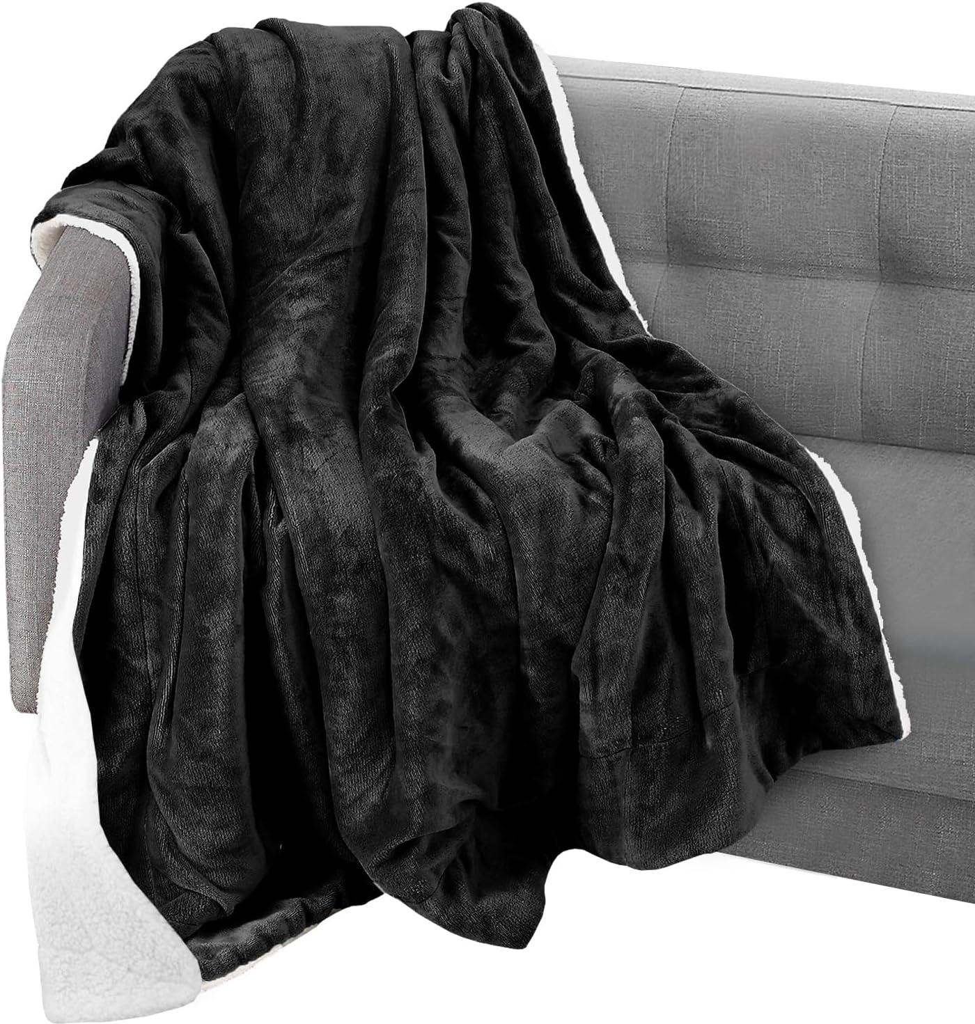 Ultra-Soft Black Reversible Sherpa Fleece Throw Blanket