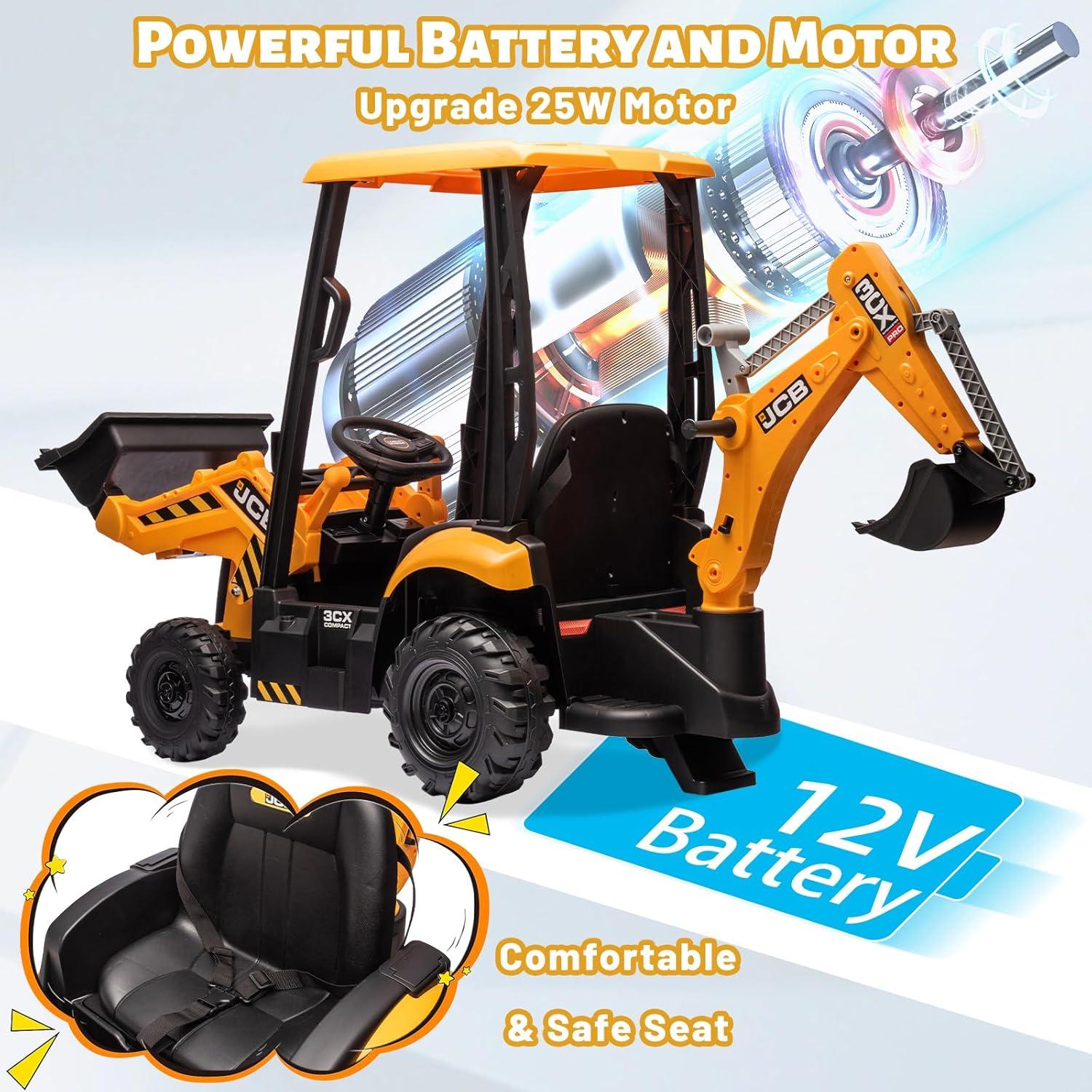 EastVita 12V Ride on Toys Tractor, Kids Ride on Car Toy Excavator Bulldozer, 12V Digger w/Trailer, Shovel Bucket, Digger, Remote Control, EVA Tires, LED Lights, Music, USB