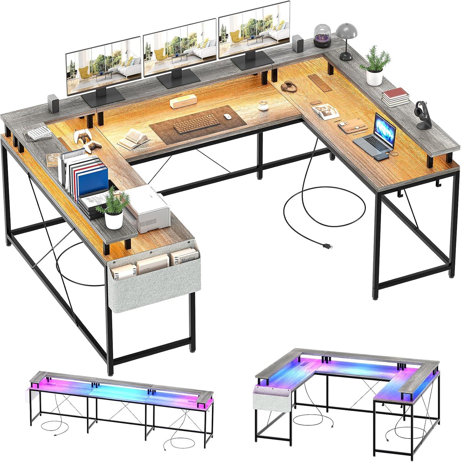 Gray Oak U-Shaped Computer Desk with LED Lights and Power Outlets