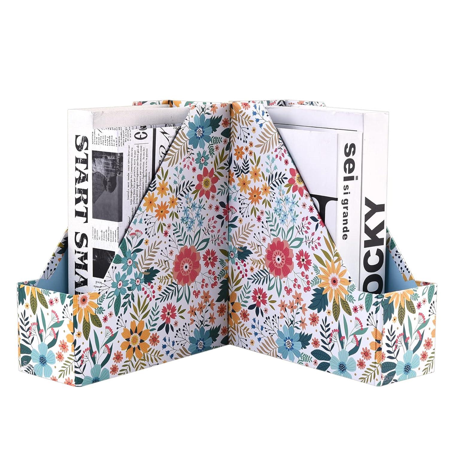 SUIN 2 Packs Foldable Magazine-File Holder, Seamless Floral Design File-Boxes Desk Organizer for Office/Home/School, Cardboard