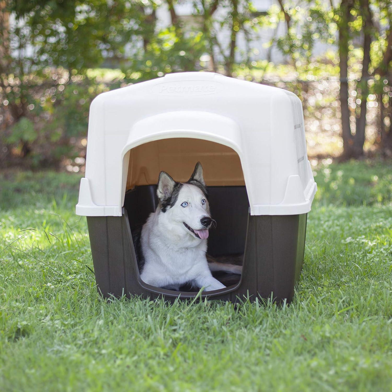 Petmate Aspen Pet Petbarn 3 Plastic Outdoor Dog House, 32" Medium for Pets 25-50 lb, Tan