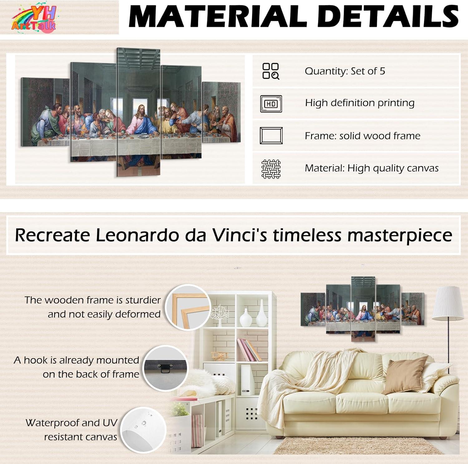 YOUHONG 5 Piece Classic Jesus Wall Art Modern The Last Supper Famous Oil Painting by Da Vinci Reproduction Canvas Giclee Artwork Stretched Ready to Hang for Home Decor (70''W x 40''H)