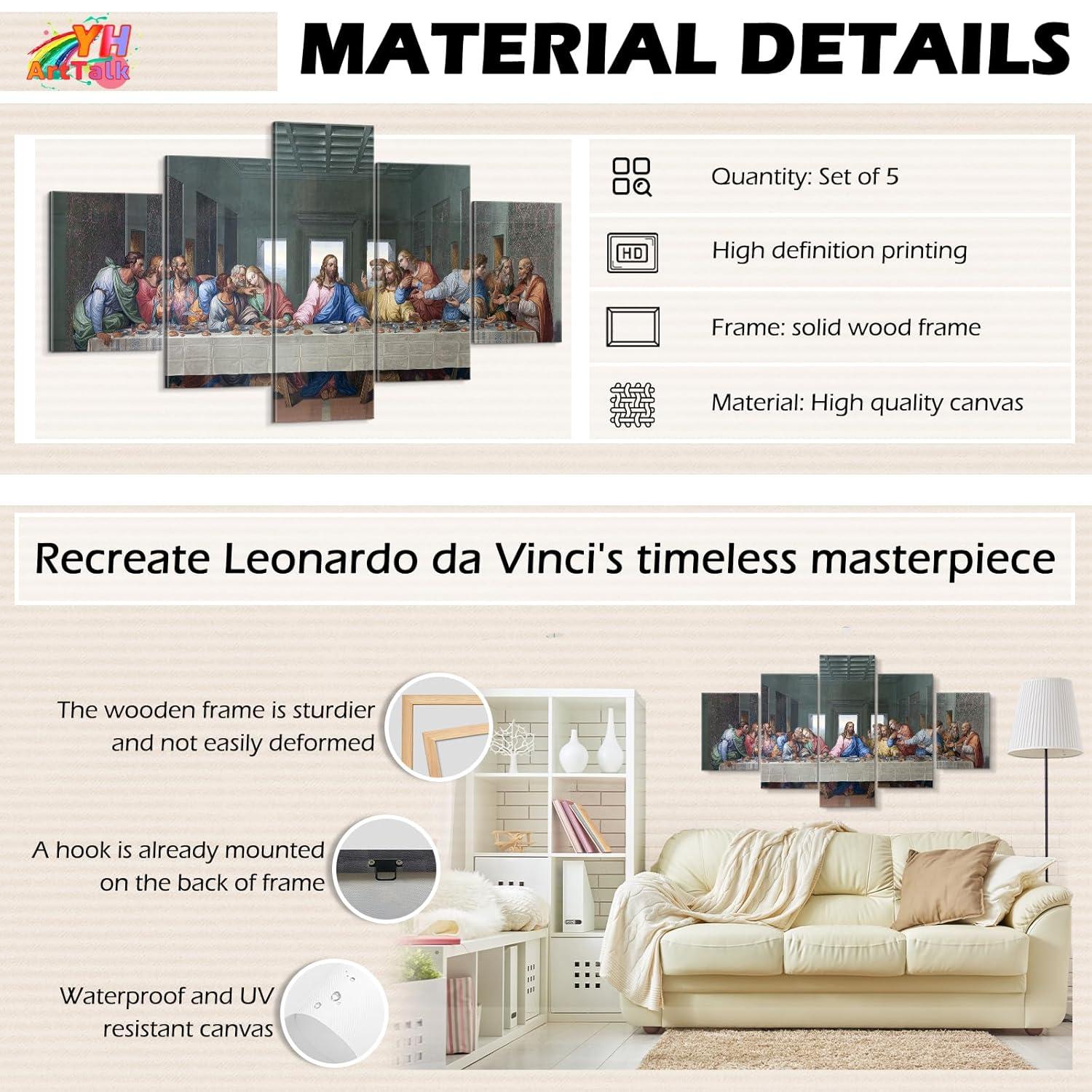 YOUHONG 5 Piece Classic Jesus Wall Art Modern The Last Supper Famous Oil Painting by Da Vinci Reproduction Canvas Giclee Artwork Stretched Ready to Hang for Home Decor (70''W x 40''H)