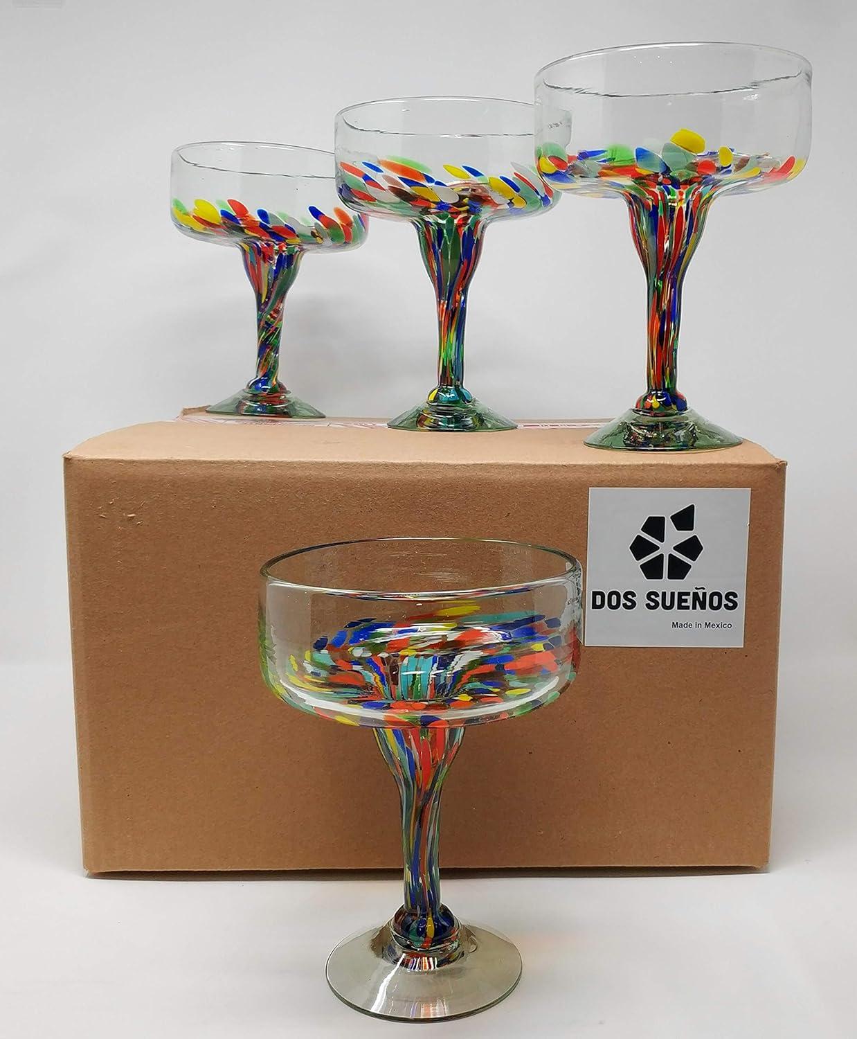 Dos Sueños Mexican Hand Blown Margarita Glasses - Confetti Carmen Design - 16oz - Set of 4