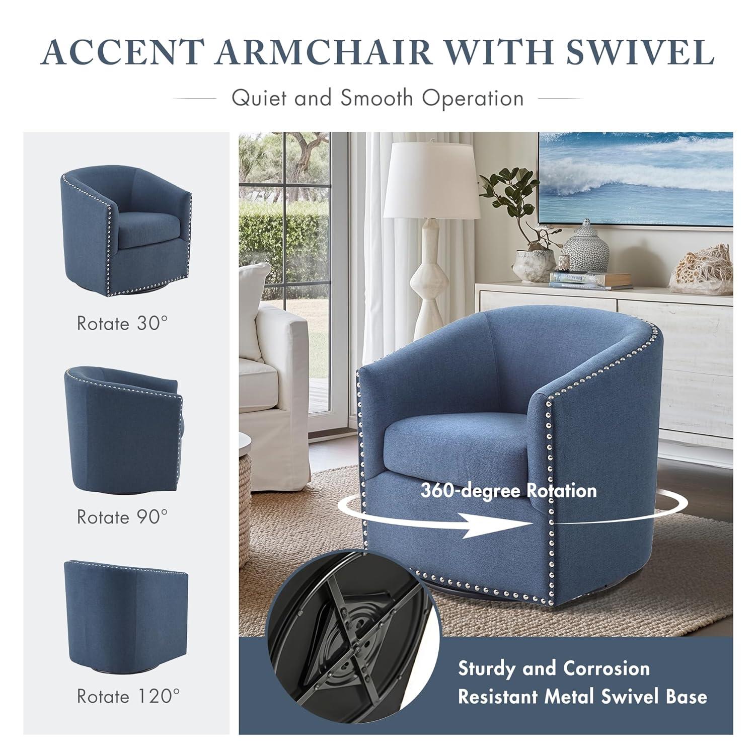 Madison Park Sheldon Swivel Chair Blue: Elegant Barrel Design, Nailhead Trim, 360° Rotation, No Assembly Required