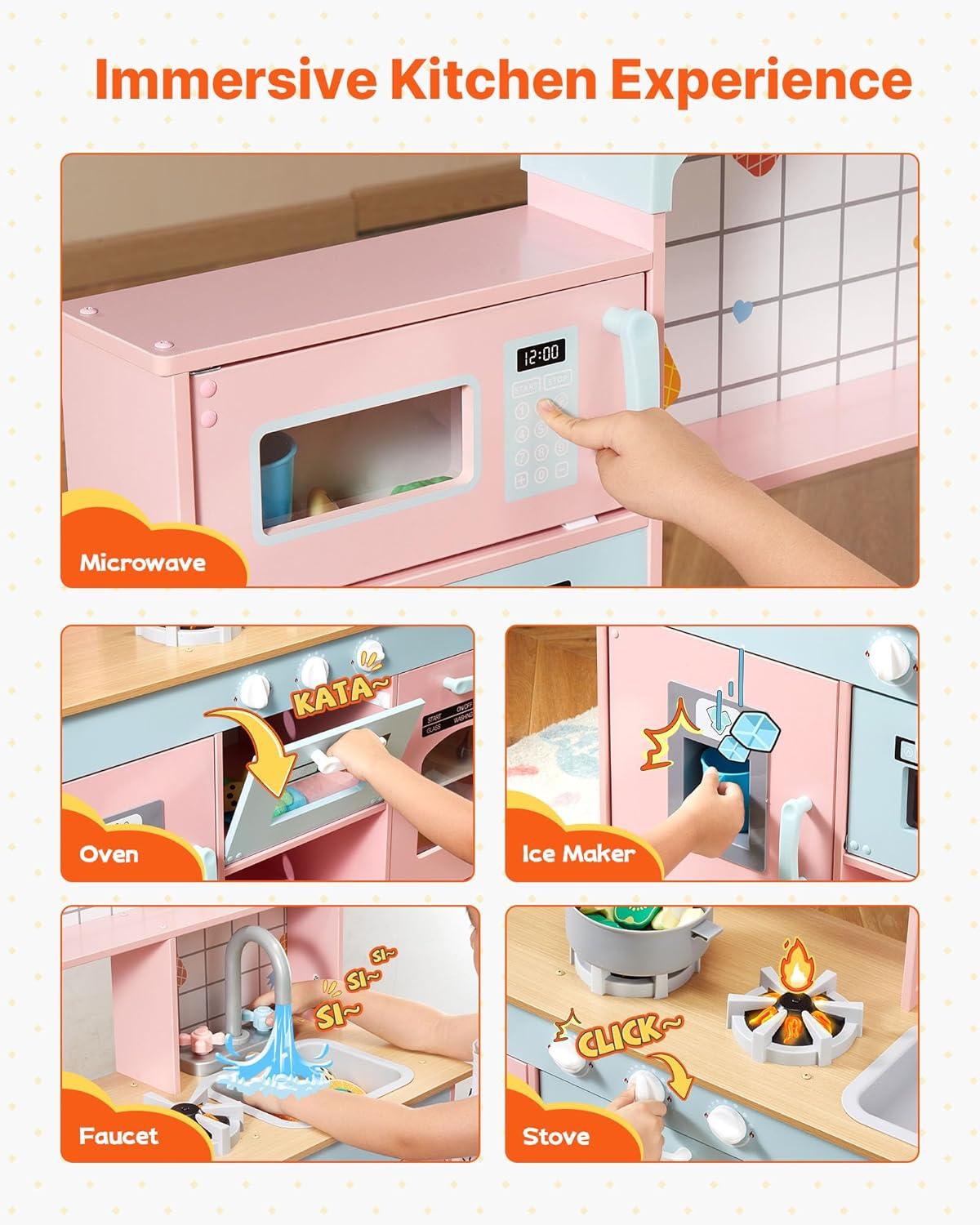 VEVOR Play Kitchen for Kids, Wooden Toy Kitchen Set with Lights and Sounds, Toddler Kitchen with Ice Maker, Oven, Sink, Microwaves, Fridge and Utensil and Fruit Accessory for Toddlers ages 3-8, Pink