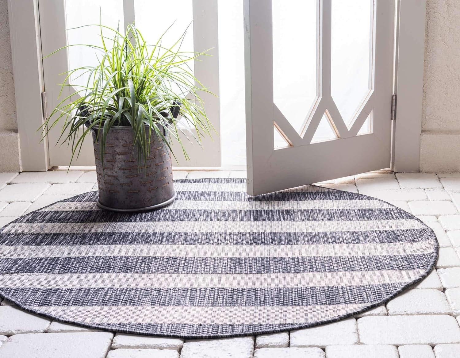 Round Gray and Black Striped Outdoor Rug