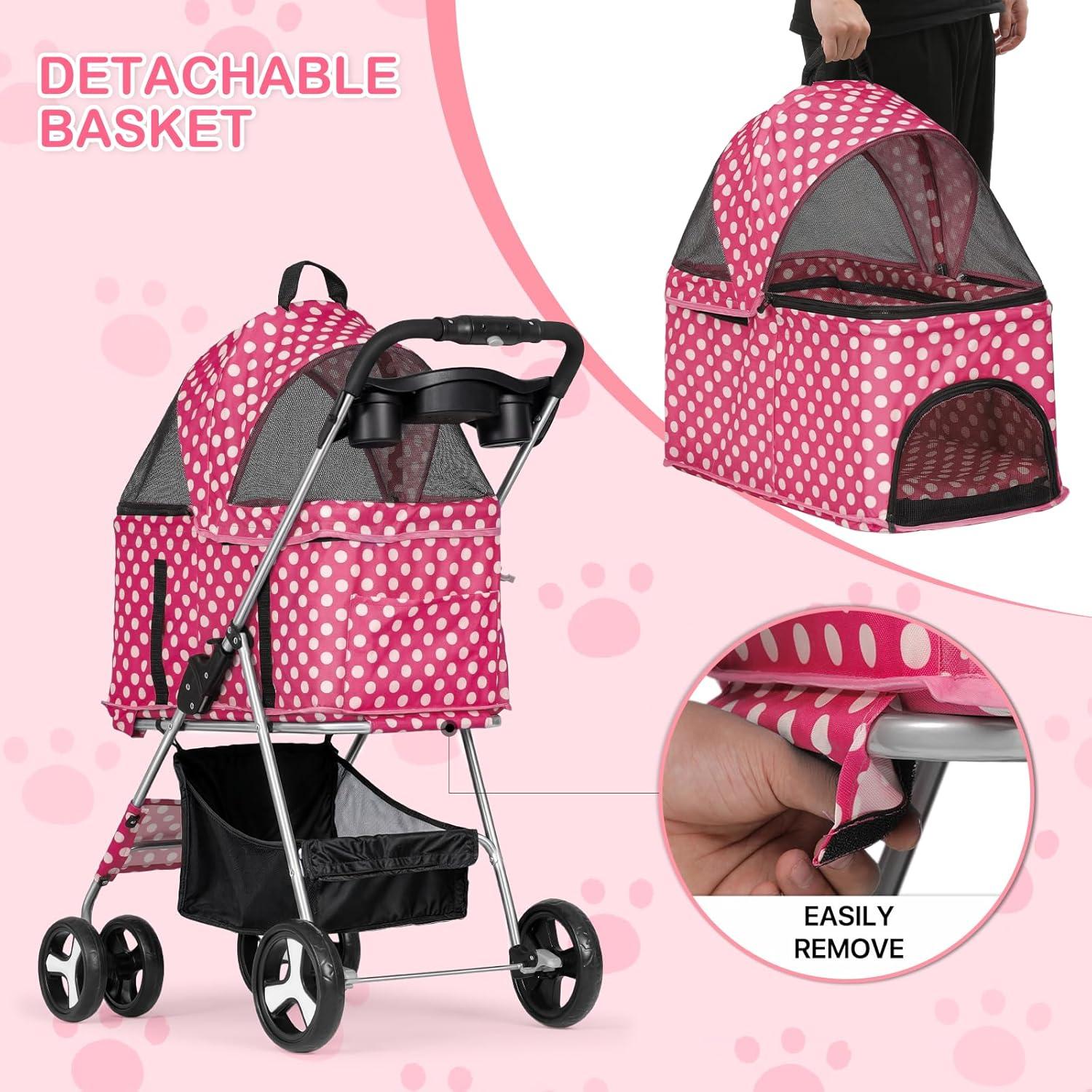 3-In-1 Pet Stroller Foldable Pet Stroller With Weather Cover Storage Basket For Dog Cat