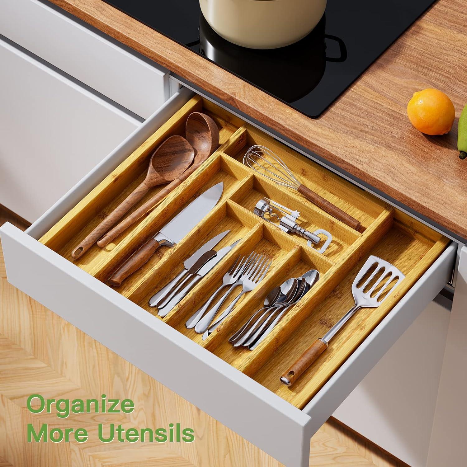 Pipishell Bamboo Expandable Drawer Organizer for Utensils Holder, Adjustable Cutlery Tray, Wood Drawer Dividers Organizer for Silverware, Flatware