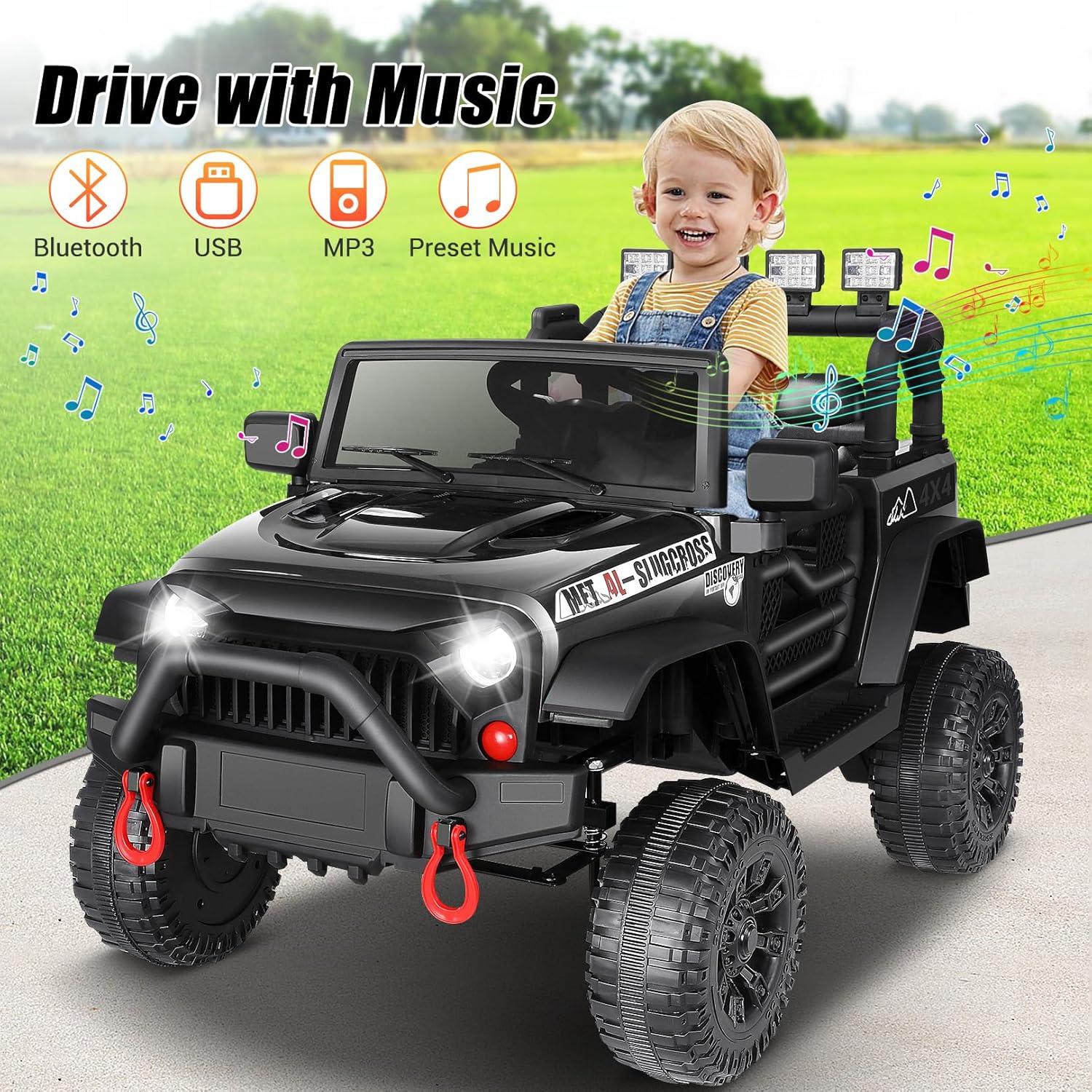 24V Electric Ride on Jeeps for Kids, Ride On Car Truck with Remote Control, Battery Power Car Wheels for Kids w/LED Lights, Bluetooth, Music, 3 Speeds, 24 Volt Ride on Toys for Boys and Girls