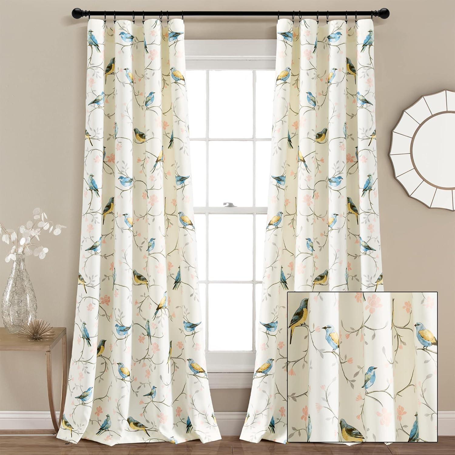 Botanical Bird and Flower Polyester Blackout Curtain Pair, 84" L x 52" W