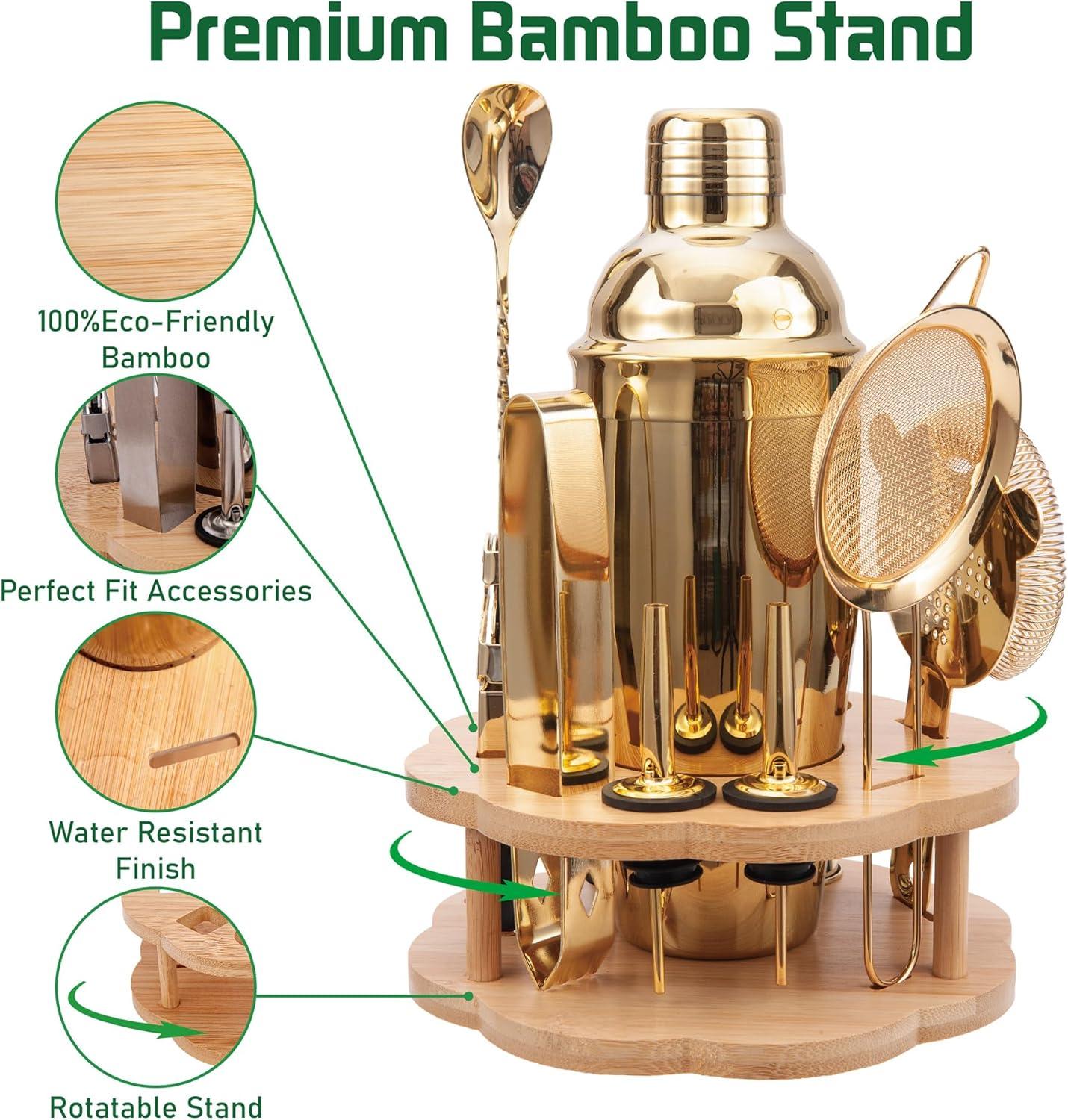 Gold Stainless Steel 11-Piece Cocktail Shaker Set with Bamboo Stand