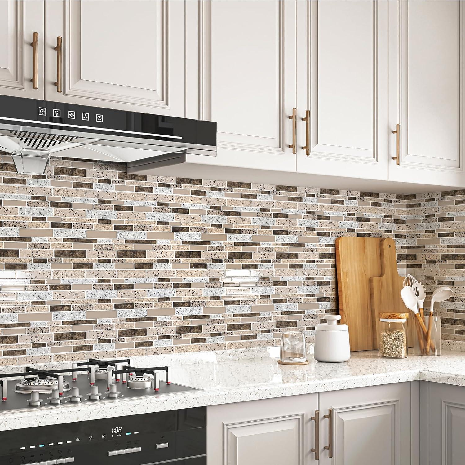 Art3d Peel and Stick Backsplash Tiles for Kitchen, 10-Sheet Stick on Wall Tiles for Kitchen Bathroom Laundry Room Back Splashes, 12 x 12 Inch, Brown Stone Design