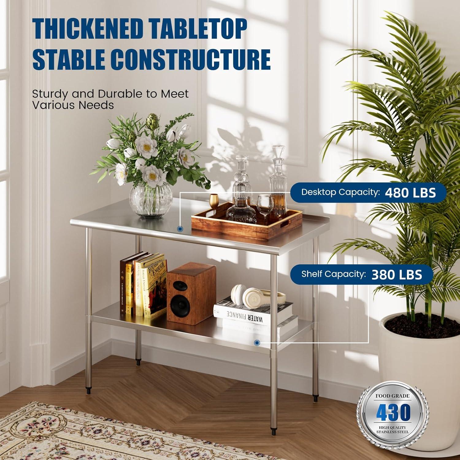 Stainless Steel Table 24" x 30" with Adjustable Undershelf and Backsplash, Commercial Metal Workstations for Kitchen, Garage, Outdoor BBQ