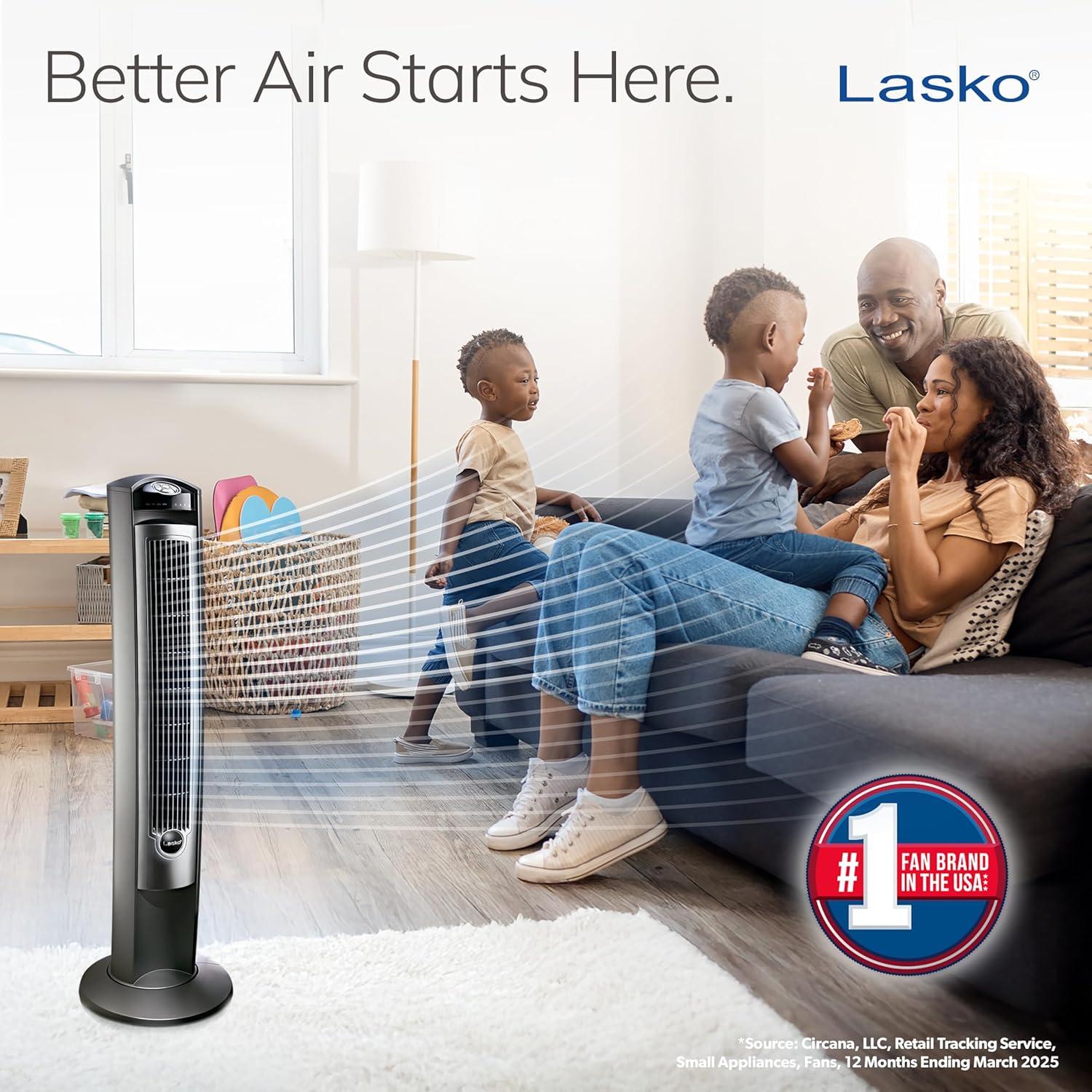 Lasko Wind Curve 42” 3-Speed Remote Controlled Oscillating Tower Fan, Silver, T42951 New