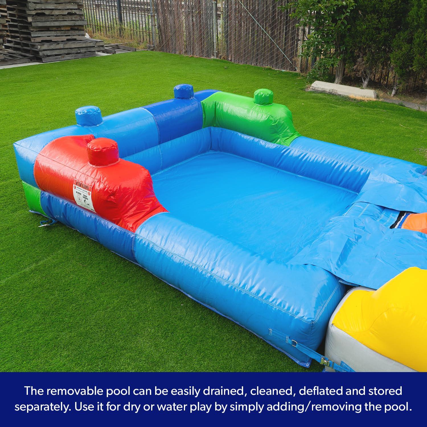 HeroKiddo Block Party Inflatable Water Slide Lightweight Premium Bounce House Combo with Detachable Pool with Air Blower Commercial Grade for Kids and Adults Basketball Hoop Outdoor Backyard Wet Dry