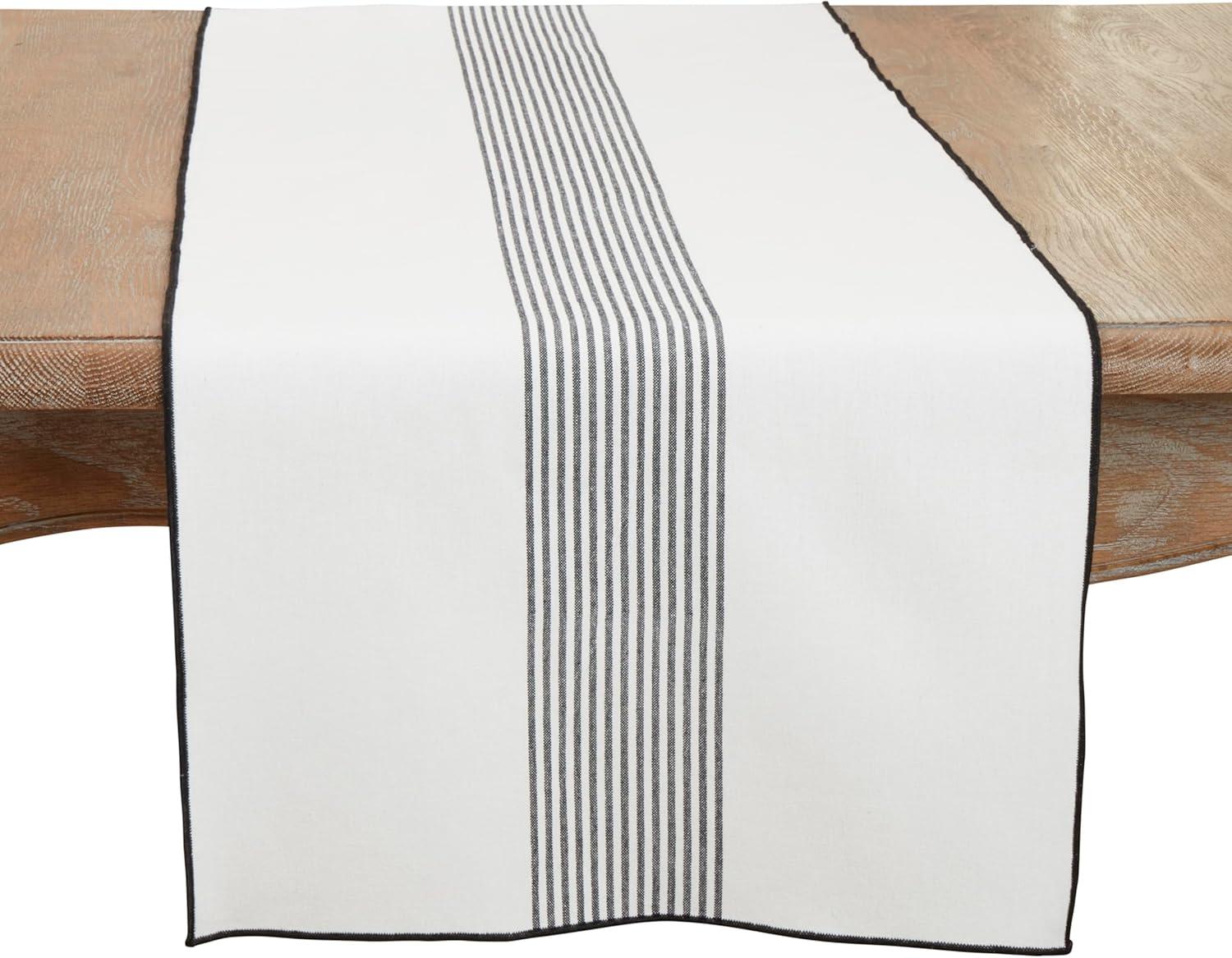 Rustic White Cotton Striped Table Runner with Black Trim, 16"x72"