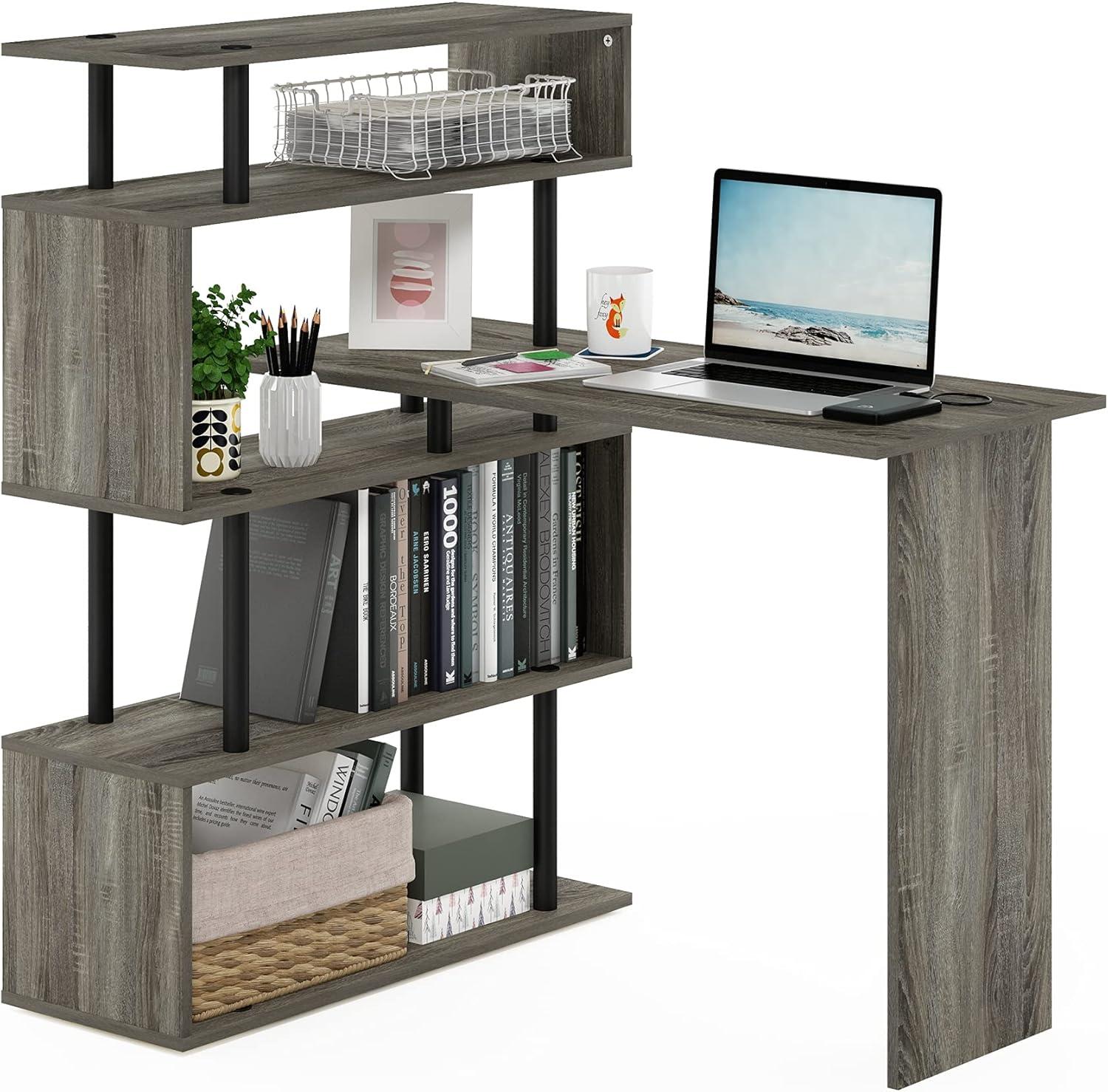 Furinno Moore L-Shape Computer Desk with 5-Tier Shelves, French Oak/Black