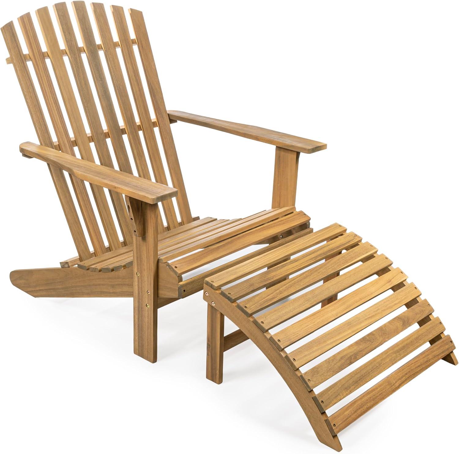 Saranac 2-Piece Traditional Rustic Acacia Wood Adirondack Chair with Detachable Ottoman, Teak Brown - JONATHAN Y