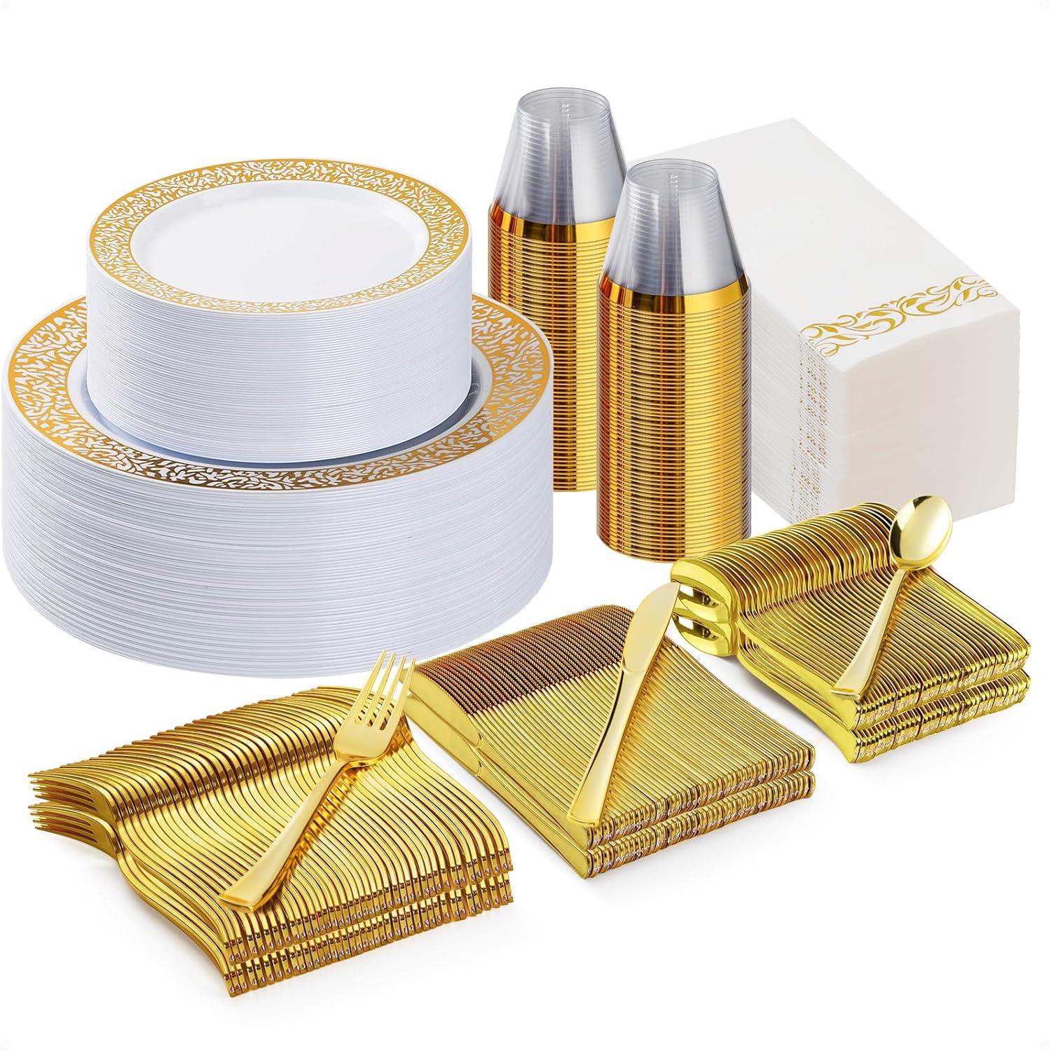 Gold Rim Disposable Dinnerware Set for 50 Guests