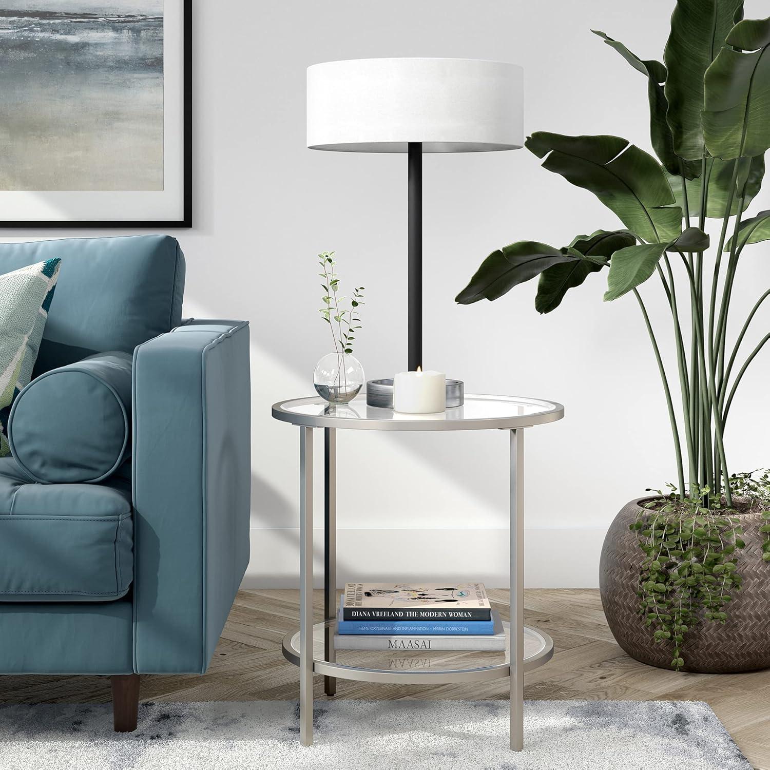 Satin Nickel 20" Round Metal & Glass Side Table with Shelf