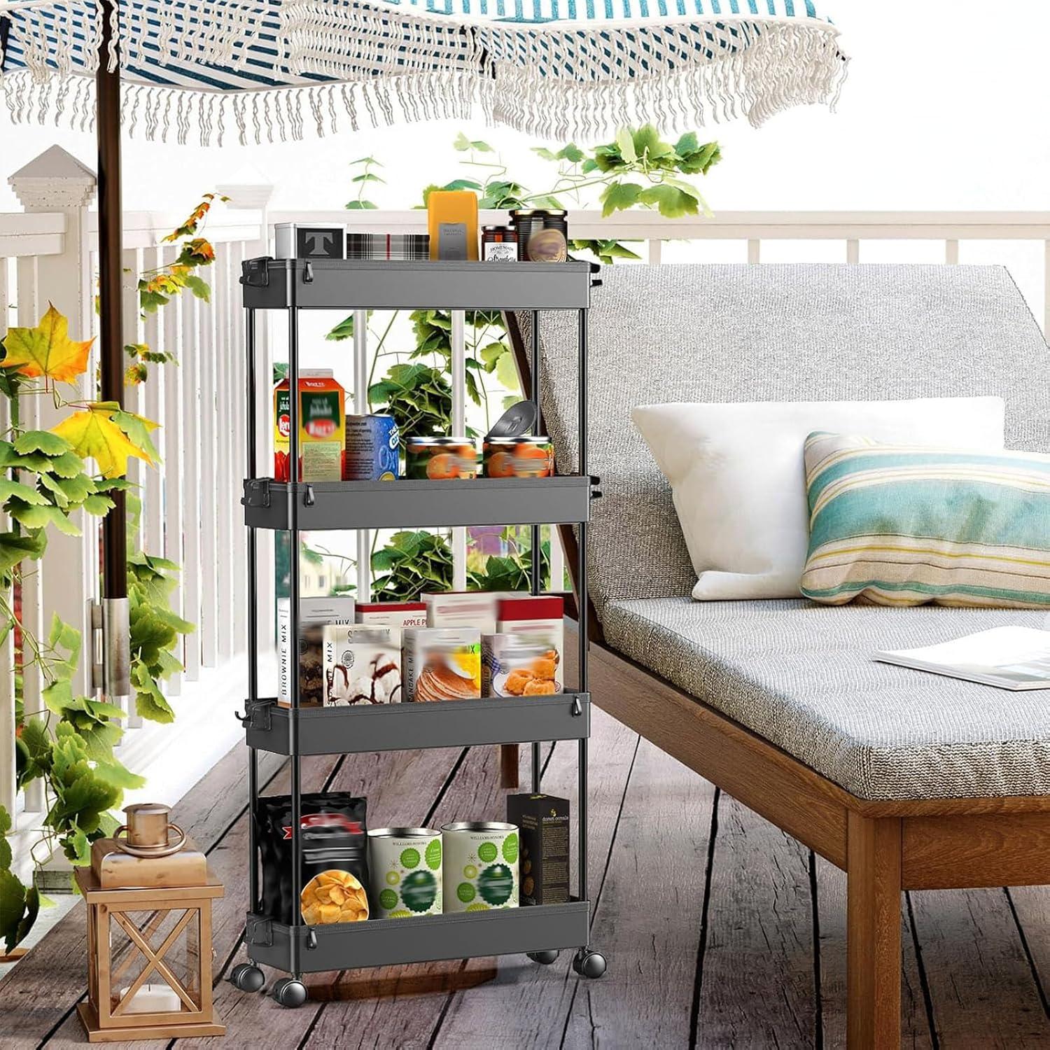 Black 4-Tier Rolling Storage Cart with Adjustable Shelves