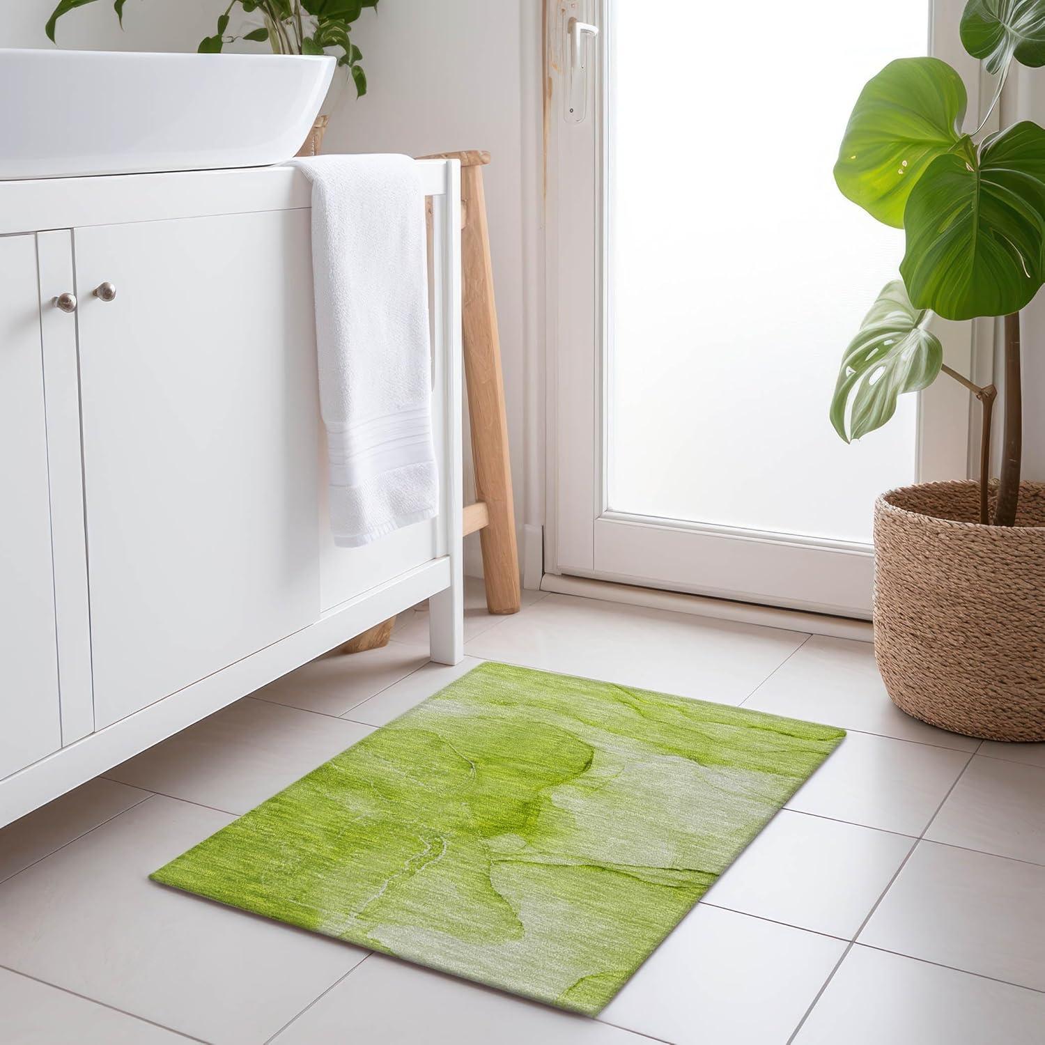 Green Synthetic Flat Woven Washable Rectangular Rug