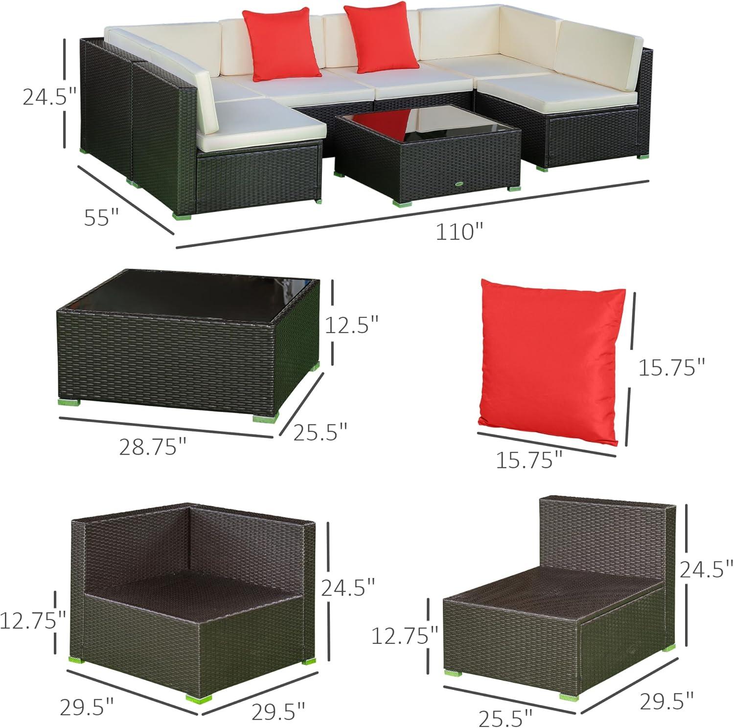 Outsunny 7 Piece Outdoor Patio Furniture Set, PE Rattan Wicker Sectional Sofa Set with Couch Cushions, Pillows, Coffee Table, Cream White