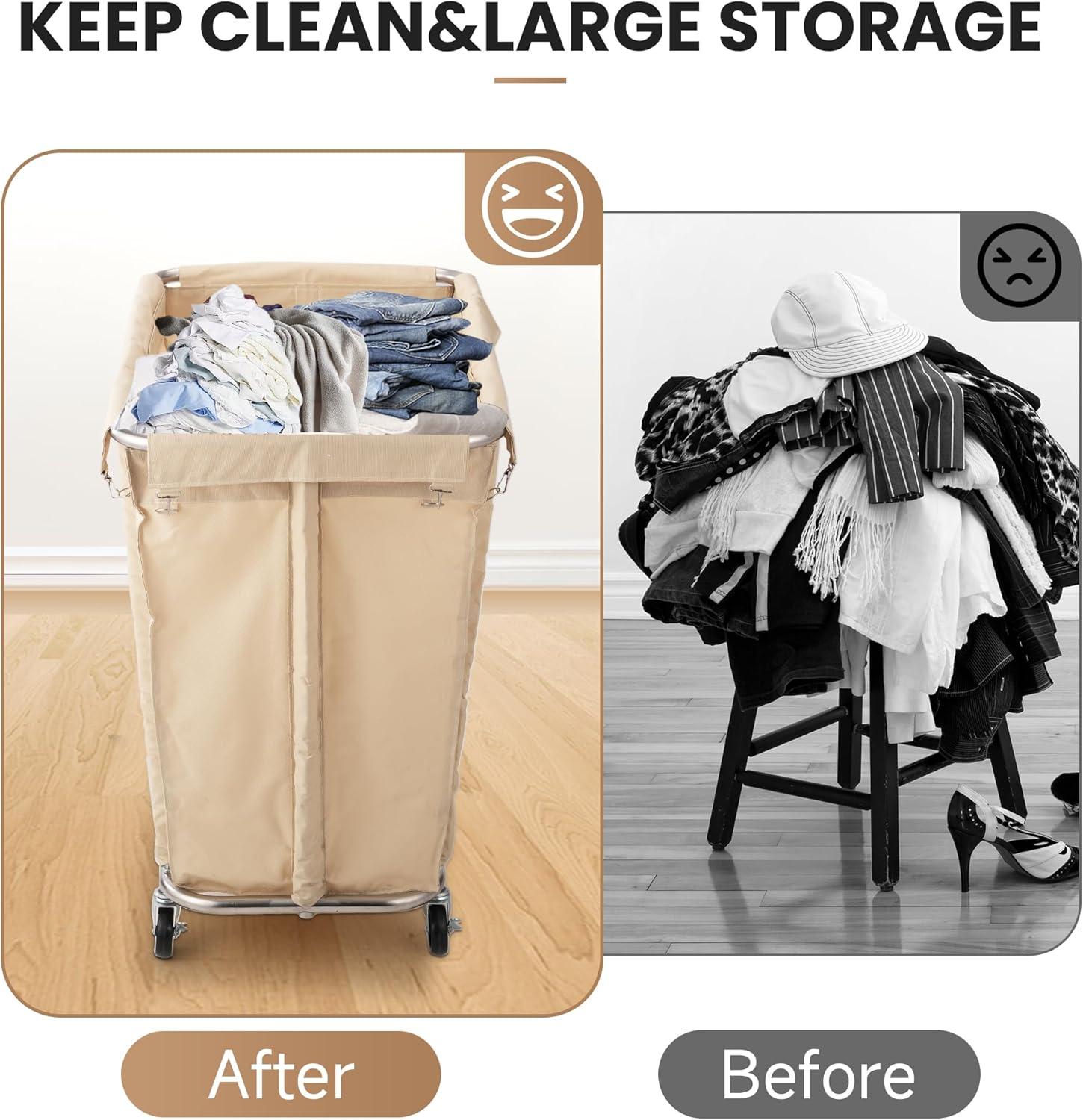 Rengue Commercial Laundry Cart with Wheels, 320L Capacity Laundry Sorter Rolling Laundry Hamper with Waterproof Oxford Basket and Sturdy Steel Frame, 260 lbs Load, Beige