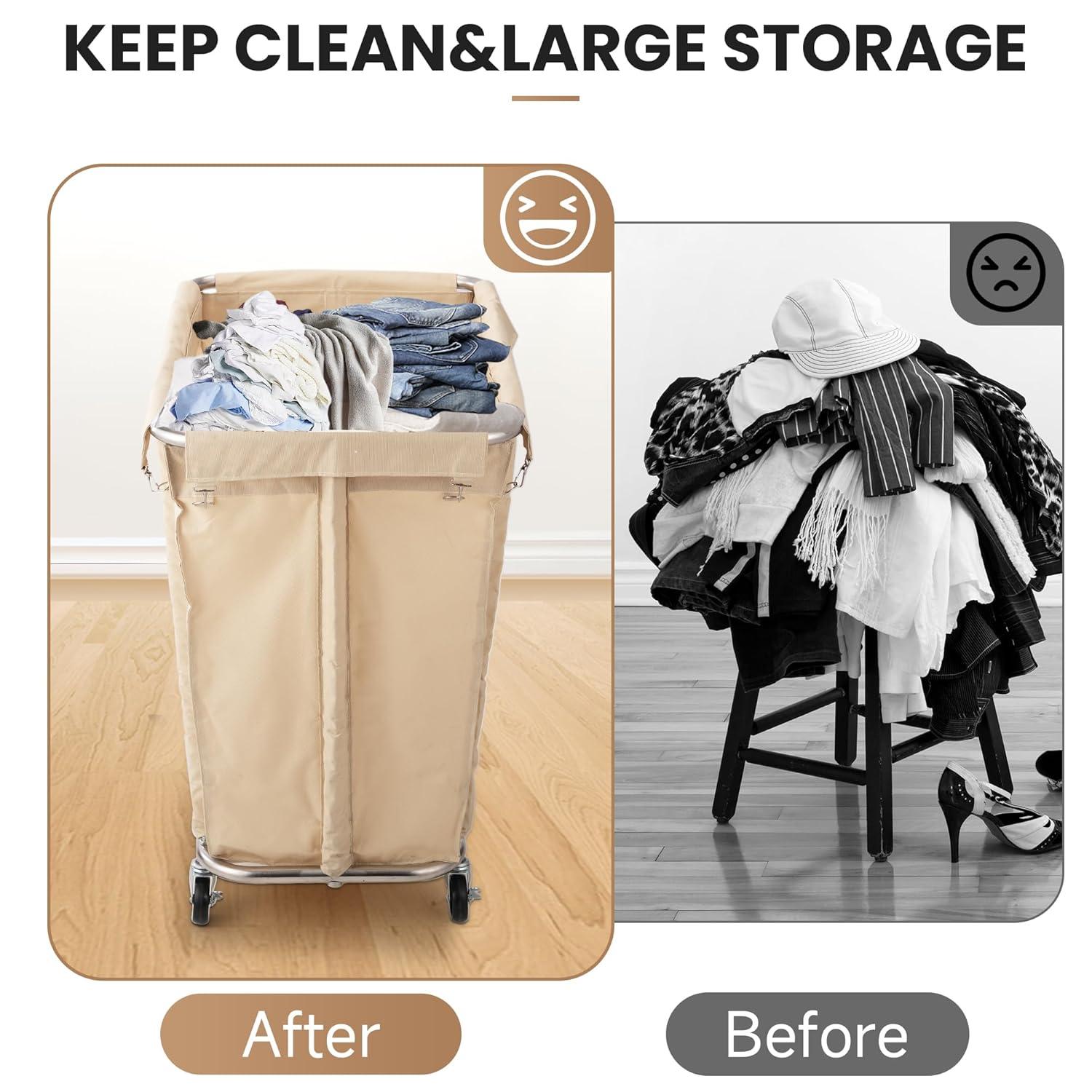 Laundry Cart with Wheels 320L Large Rolling Laundry Cart for Commercial/Home, Rolling Laundry Basket with Steel Frame and Waterproof Lining, 9 Bushel, 32.3L x 19.7W x 30.7H Inch, Beige