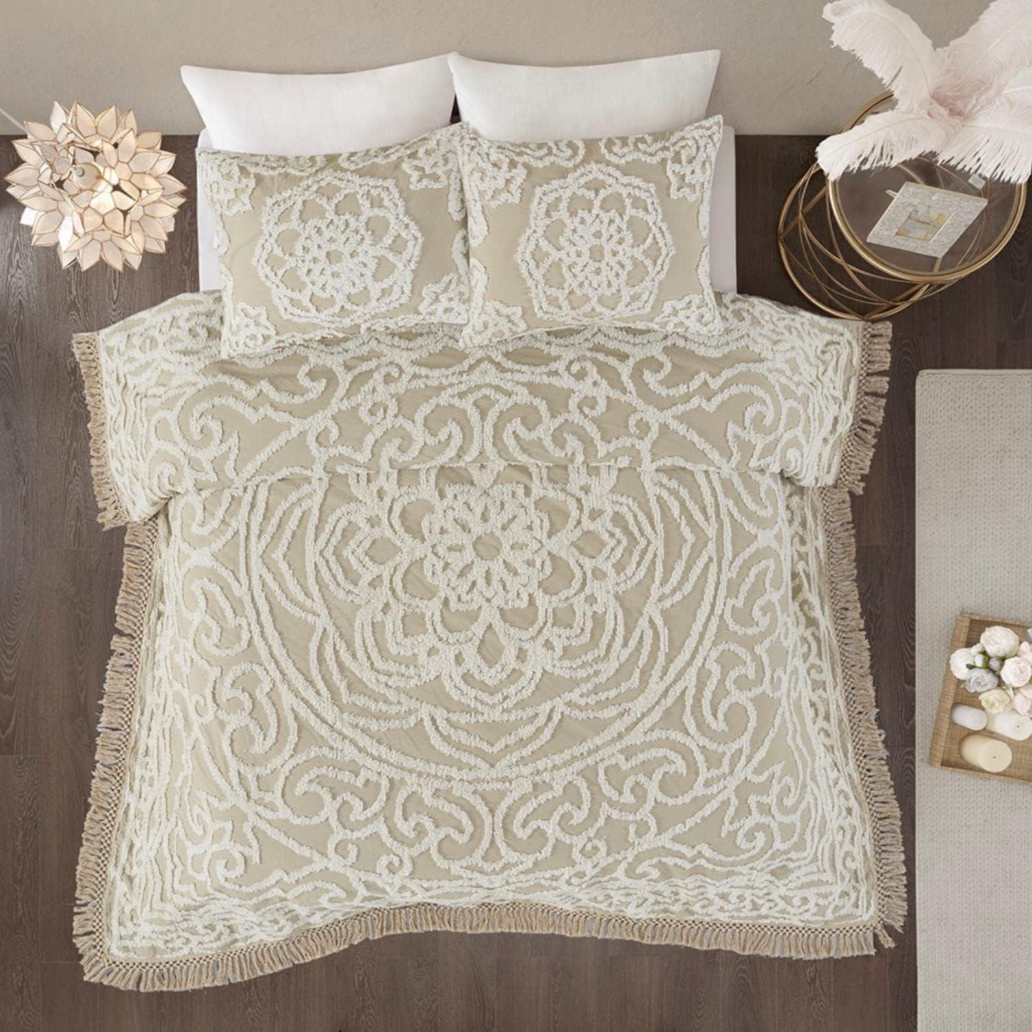 Laetitia Tufted Chenille Cotton Medallion Fringe Coverlet Set