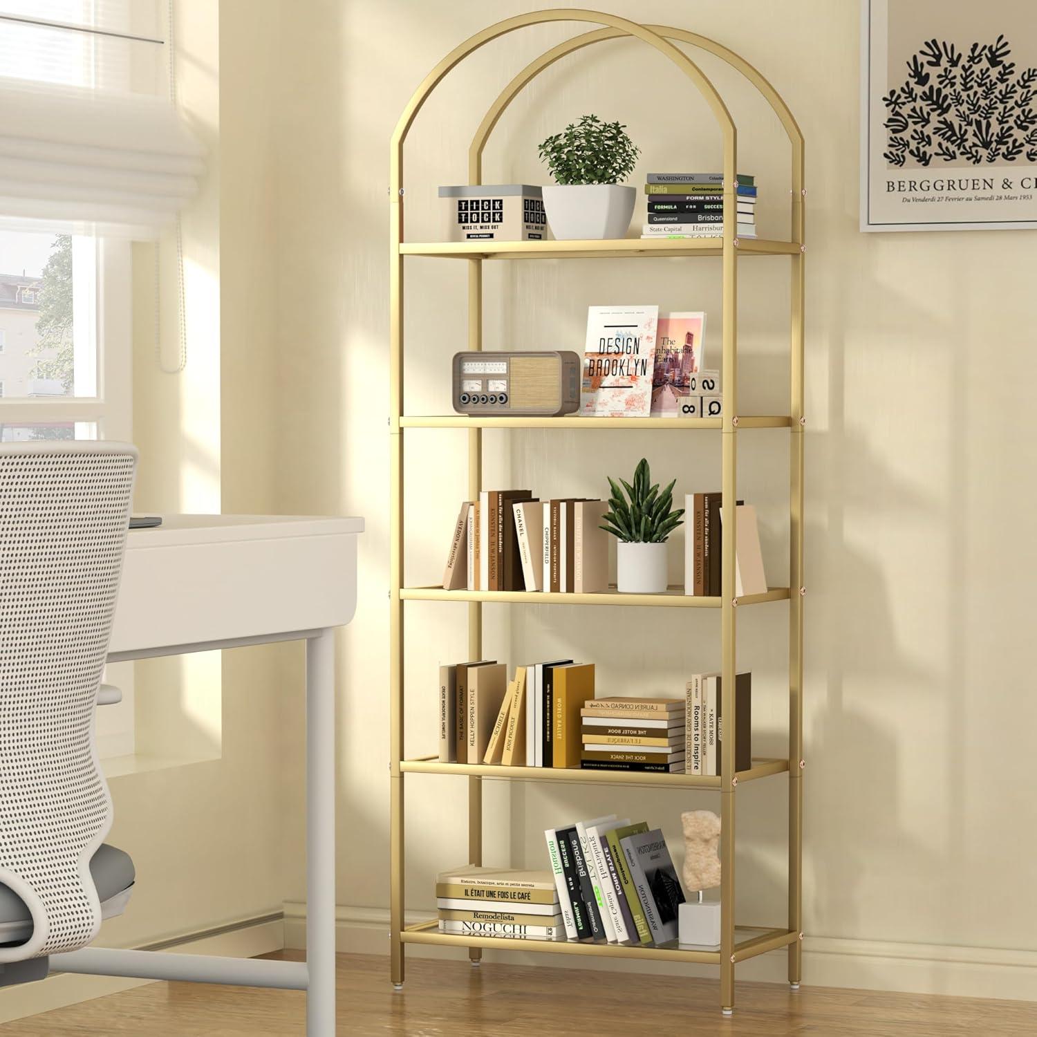 5 Tier Gold Bookshelf, Modern Storage Organizer Shelf, Metal Bookcase Stand for Office, Bedroom Kitchen Living Room