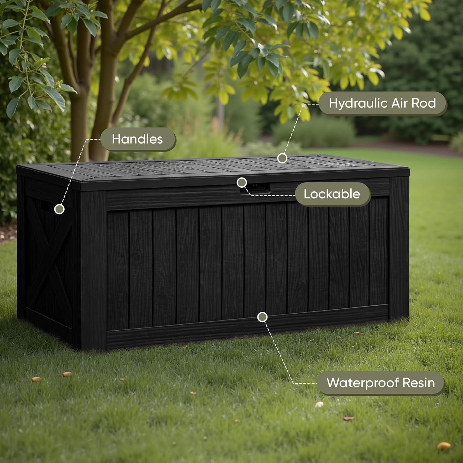 Flamaker Deck Box with Cushion 100 Gallon Waterproof Resin Storage Box with Air Rod Indoor Outdoor Lockable Storage Bench for Patio Furniture, Tools, Pool Accessories (Black)