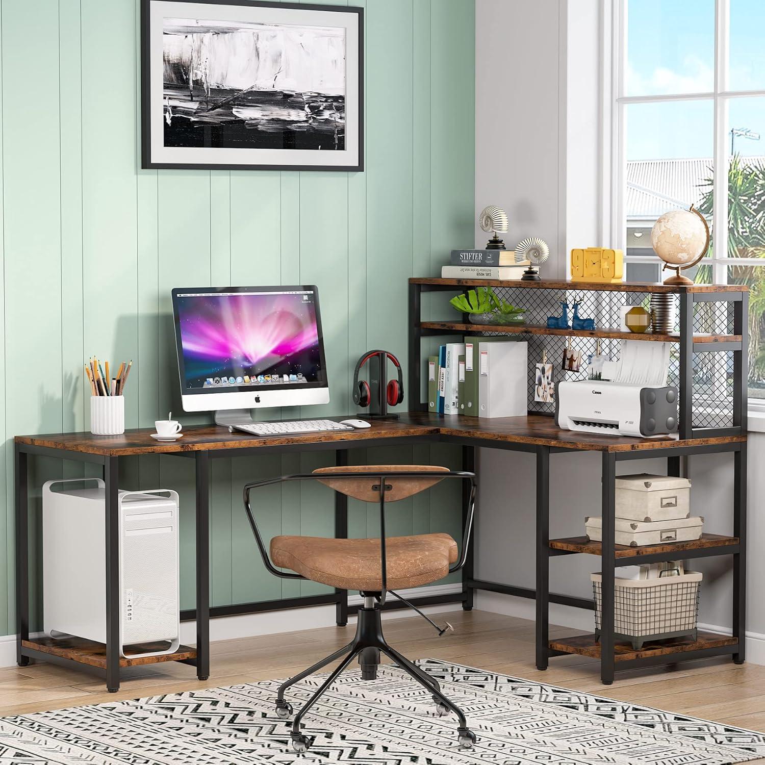 Rustic Brown L-Shaped Wood Corner Desk with Hutch