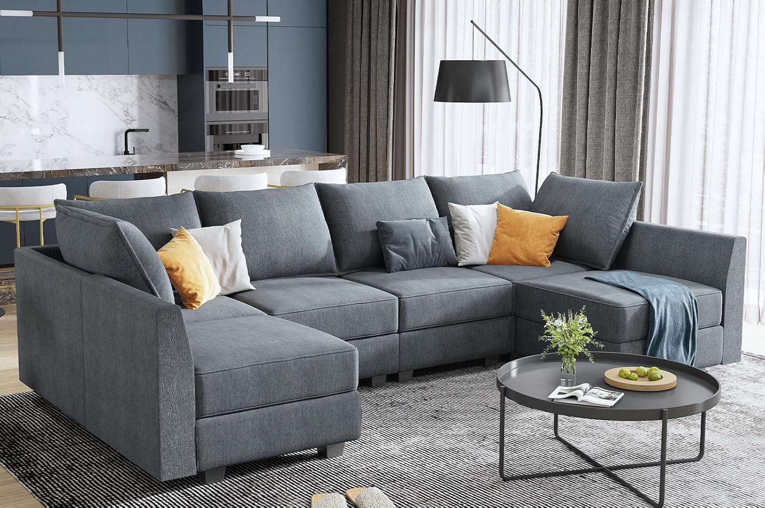 Gray Fabric U-Shaped Sectional Sofa with Storage Ottoman