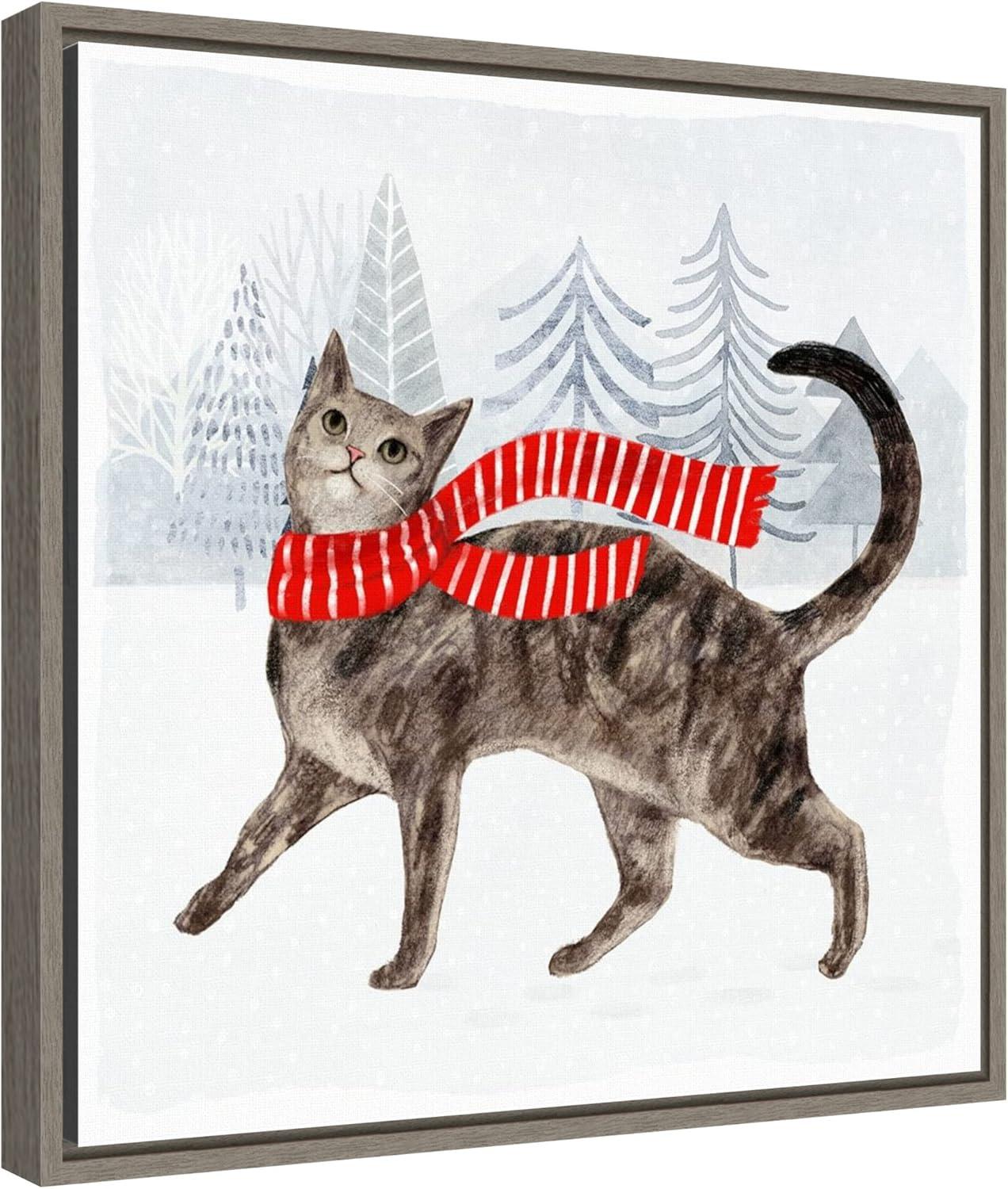 Christmas Cats and Dogs Canvas Print with Grey Frame