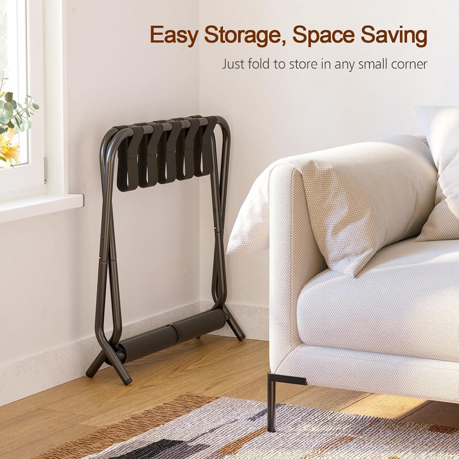 MEBROT Set Of 2, Foldable Suitcase Stands For Guest Room, Metal Luggage Holder With Storage Shelf For Bedroom, Hotel, Easy Assemble