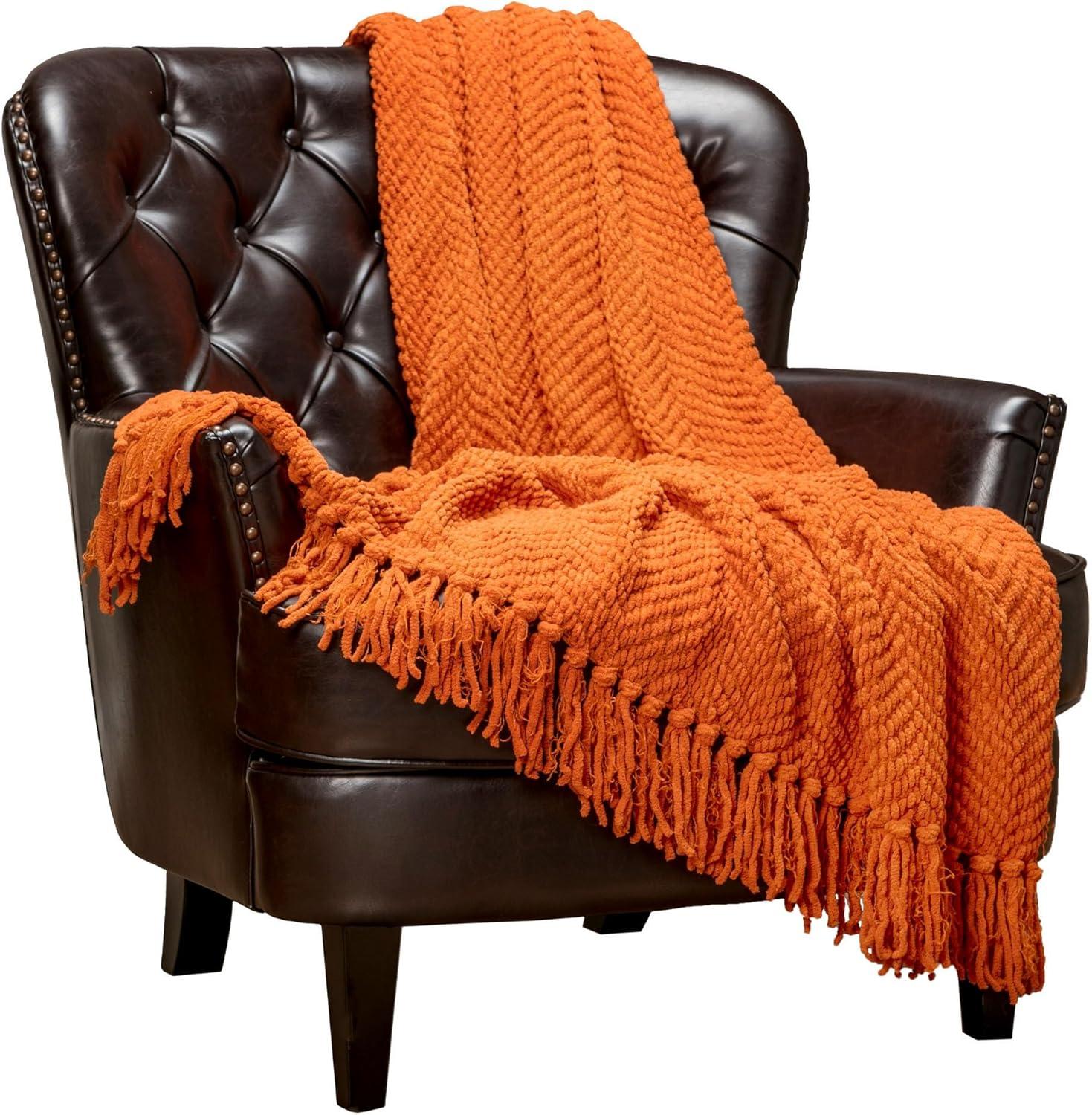 Chanasya Textured Knit Throw Blanket with Tassels - 60" x 70” - Orange