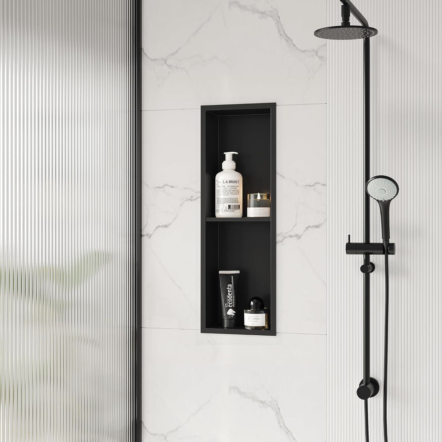 Stainless Steel Shower Niche 24" X 8", No Tile Needed Wall Niche Double Shelves, Recessed Niche Shower for Bathroom Storage, Matte Black