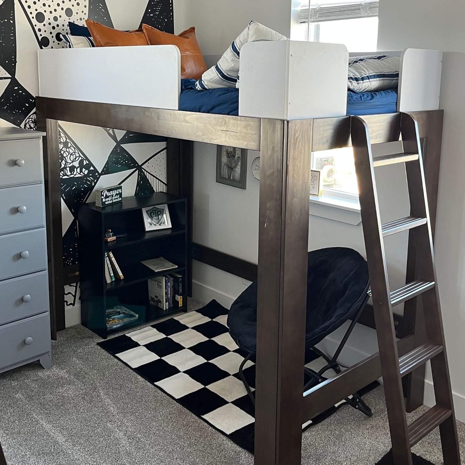 Max & Lily Mid-Century Modern Twin-Size High Loft Bed, White/Walnut